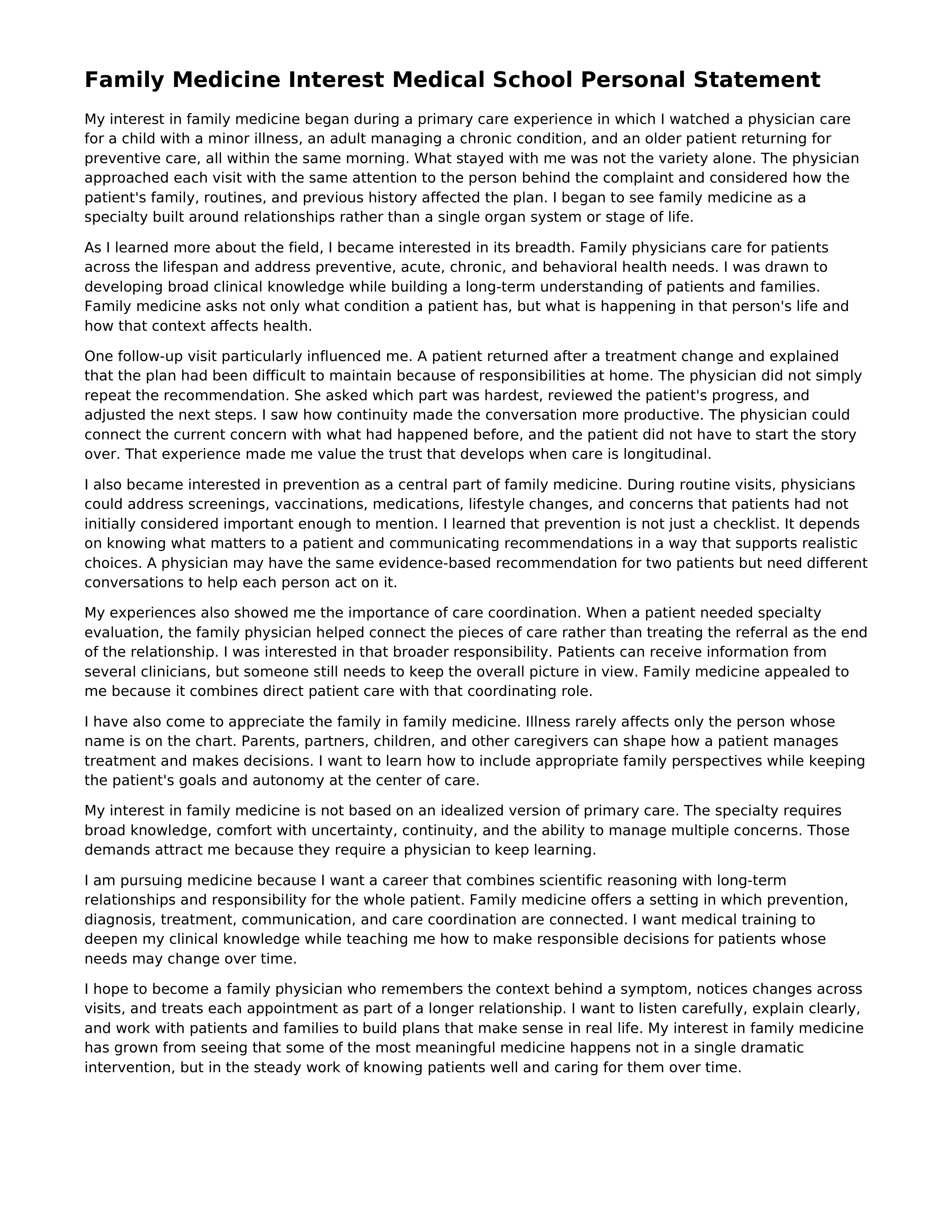 Family Medicine Interest Medical School Personal Statement — page 1