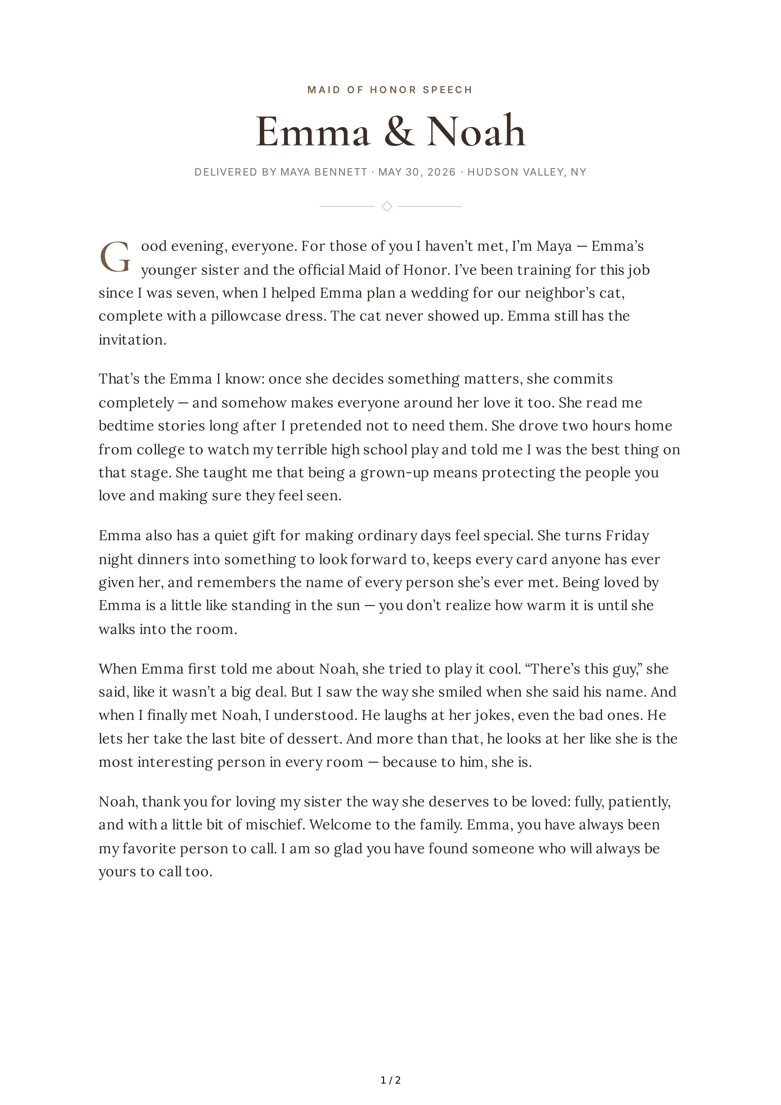 Family Member Maid of Honor Speech — page 1