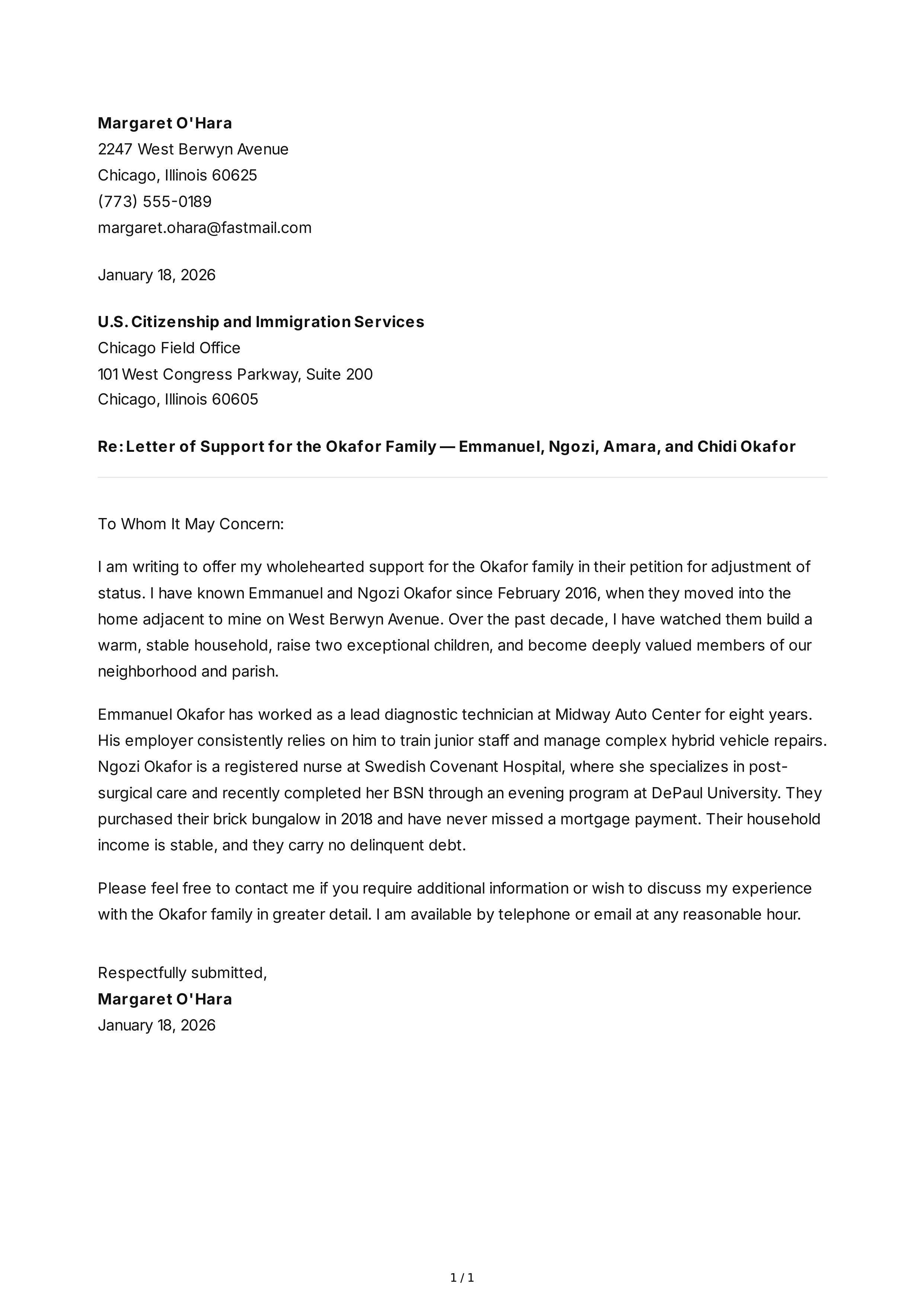 Family Reference Letter — page 1