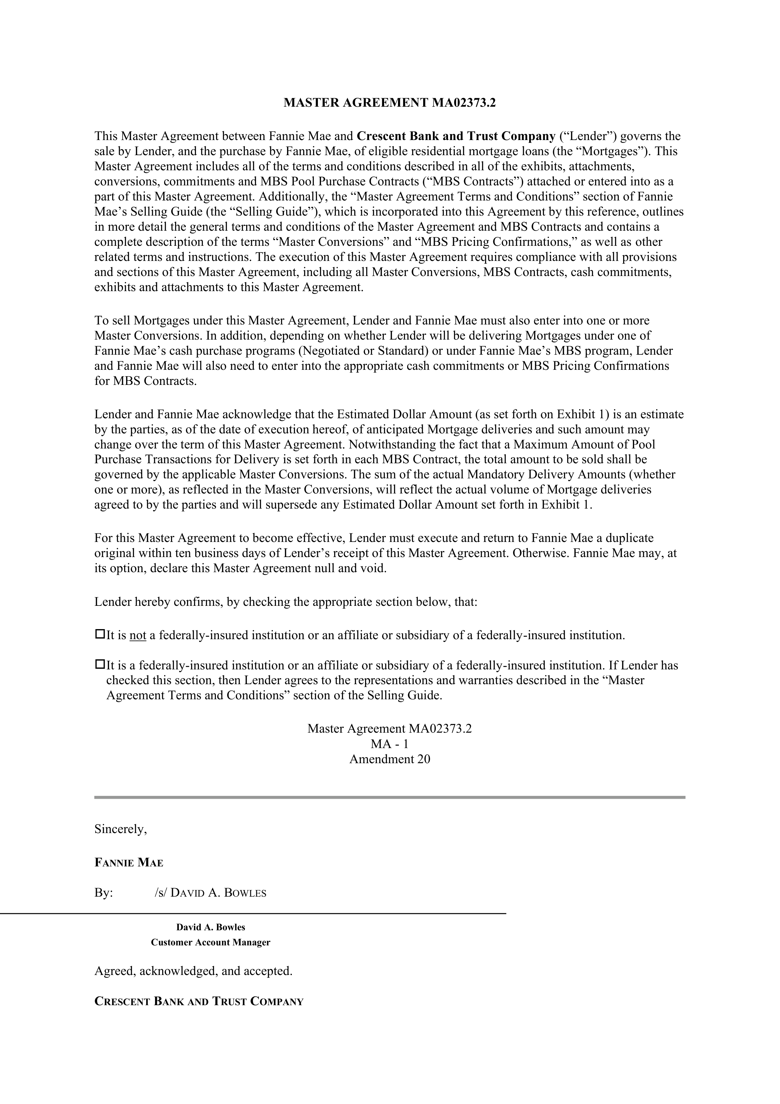 Fannie Mae Master Agreement — page 1