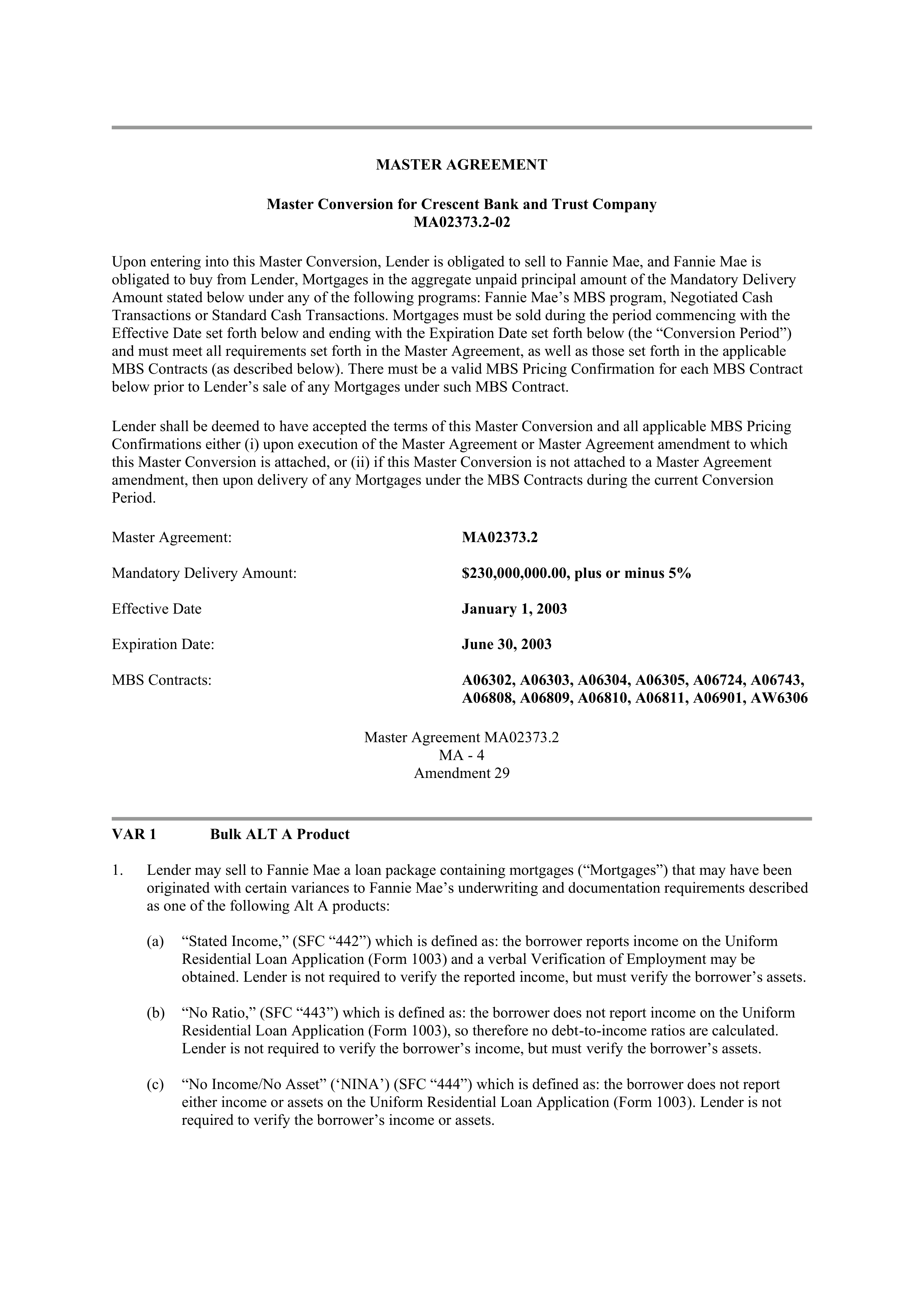 Fannie Mae Master Agreement — page 147
