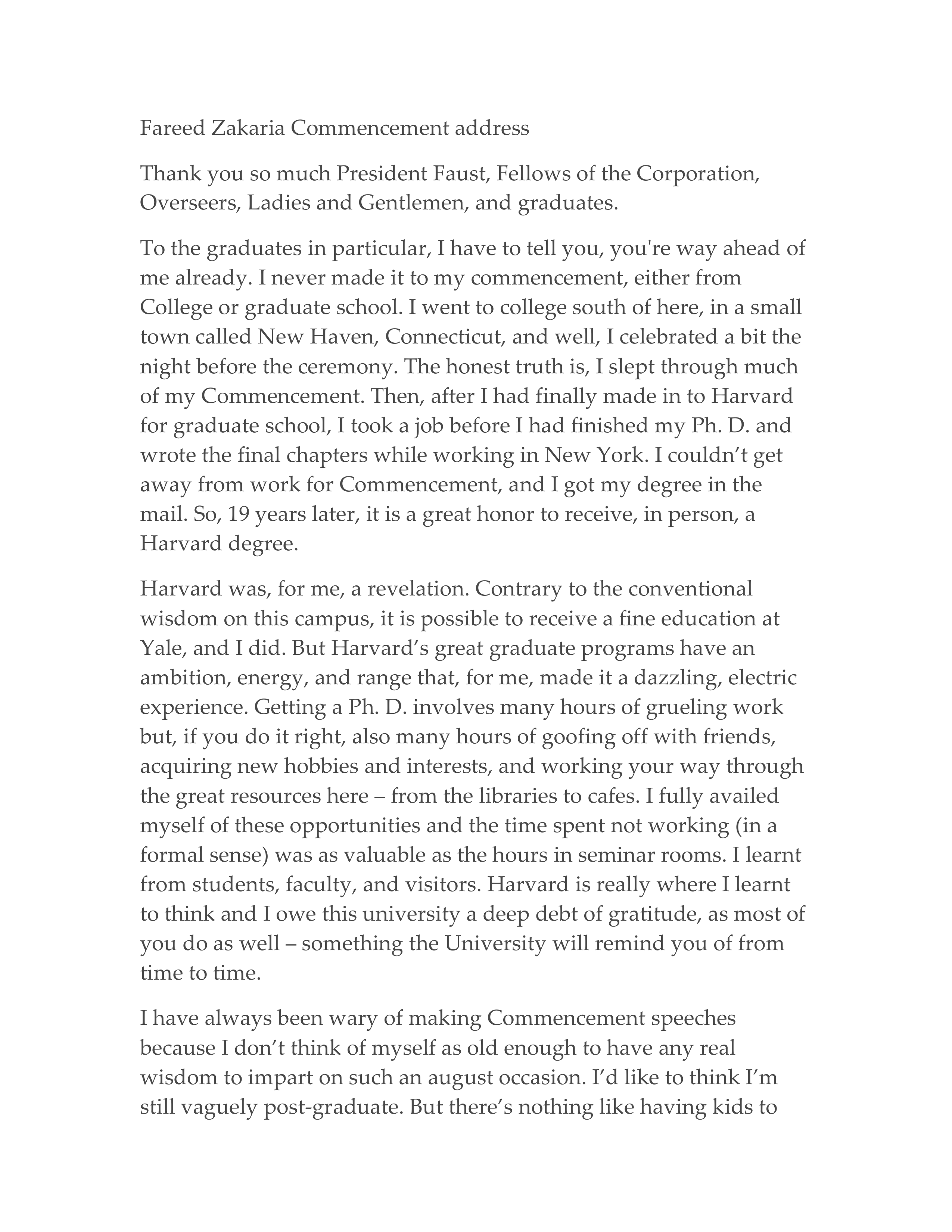 Fareed Zakaria Harvard Commencement Speech — page 1