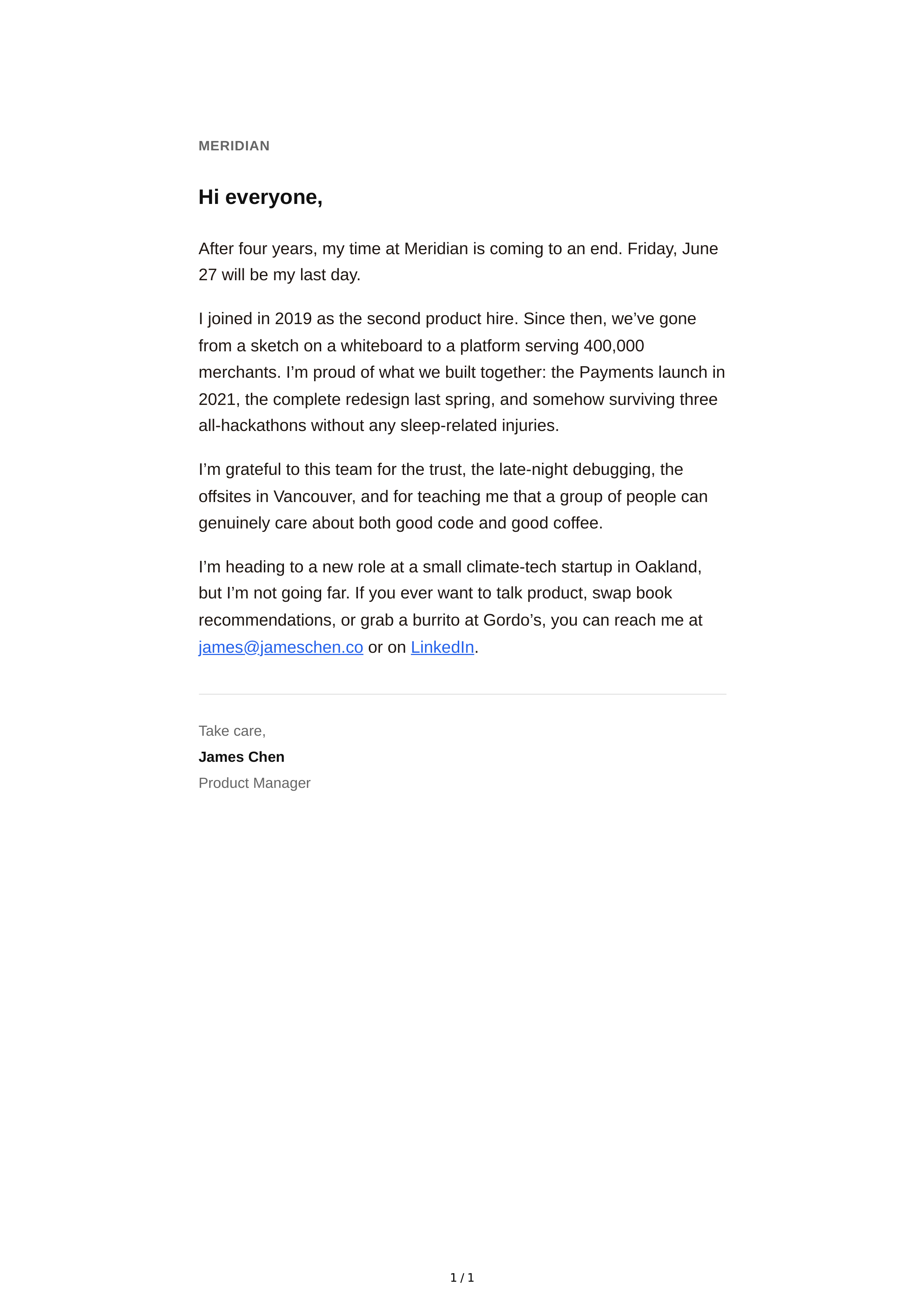 Farewell Email — page 1