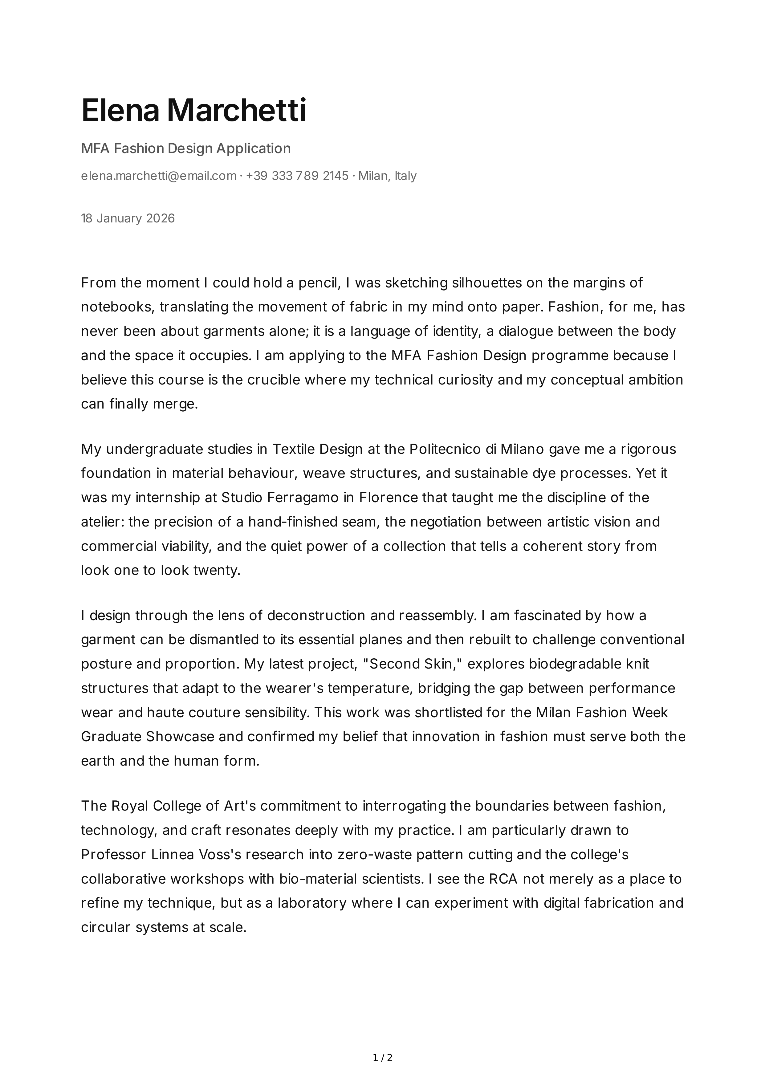 Fashion Design Personal Statement — page 1