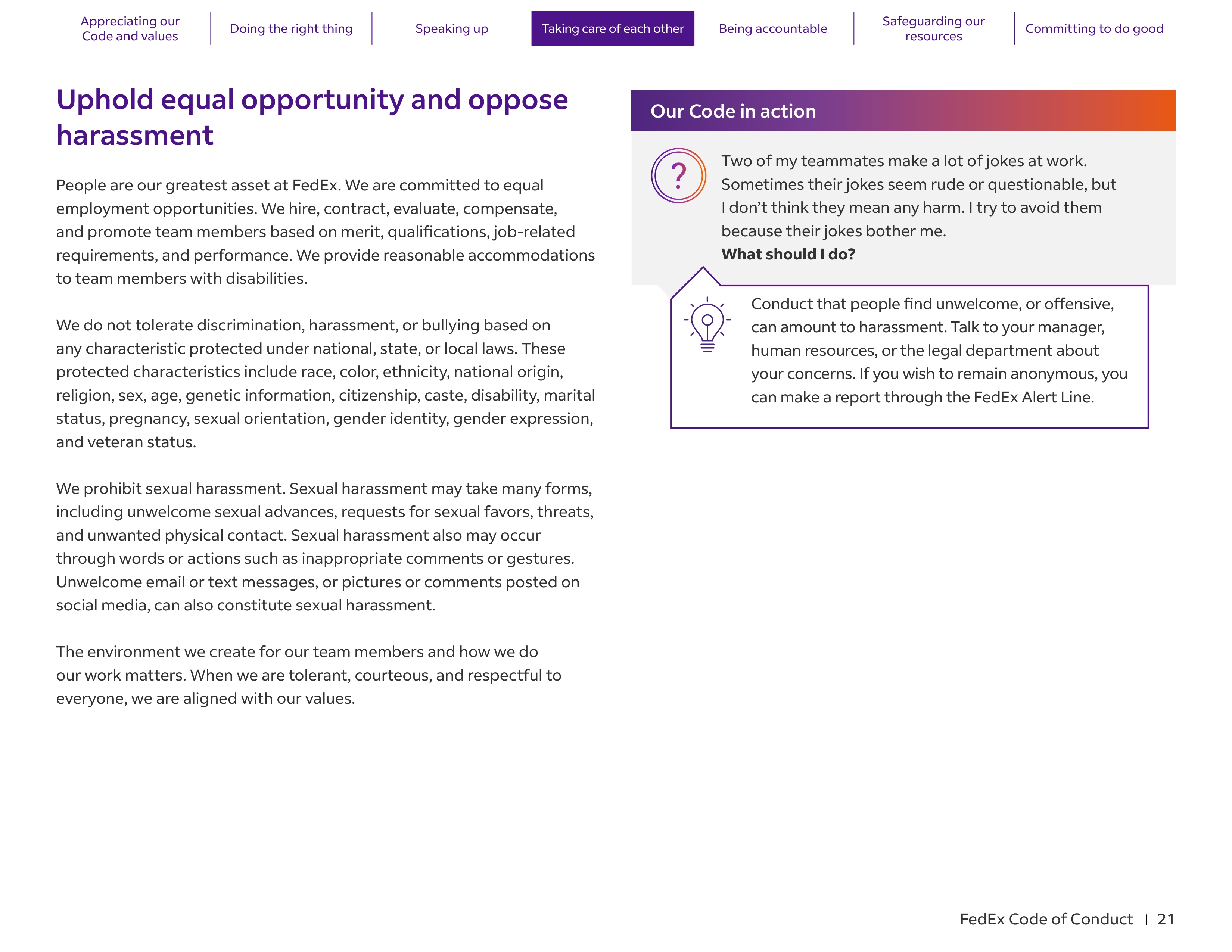 FedEx Code of Conduct Handbook — page 21