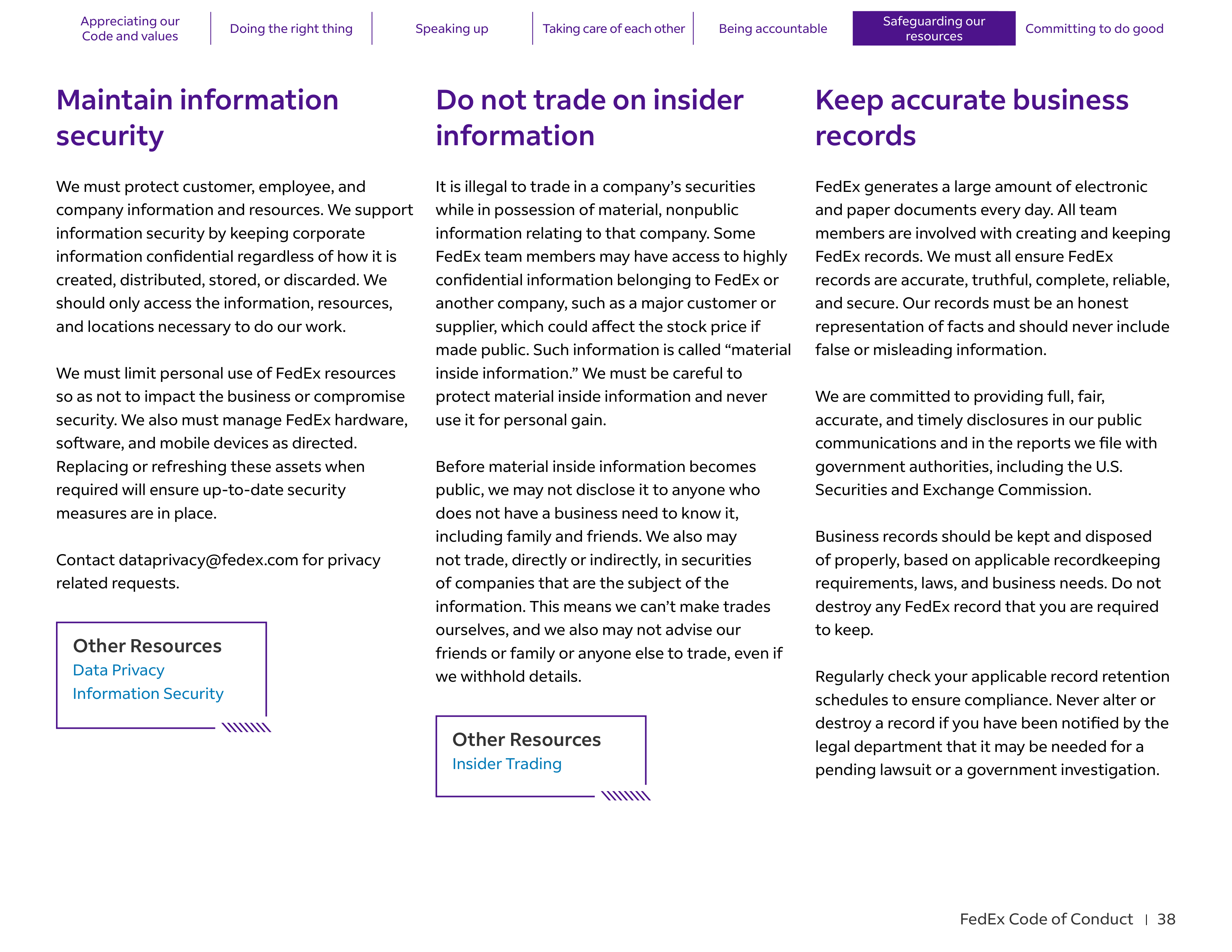 FedEx Code of Conduct Handbook — page 38