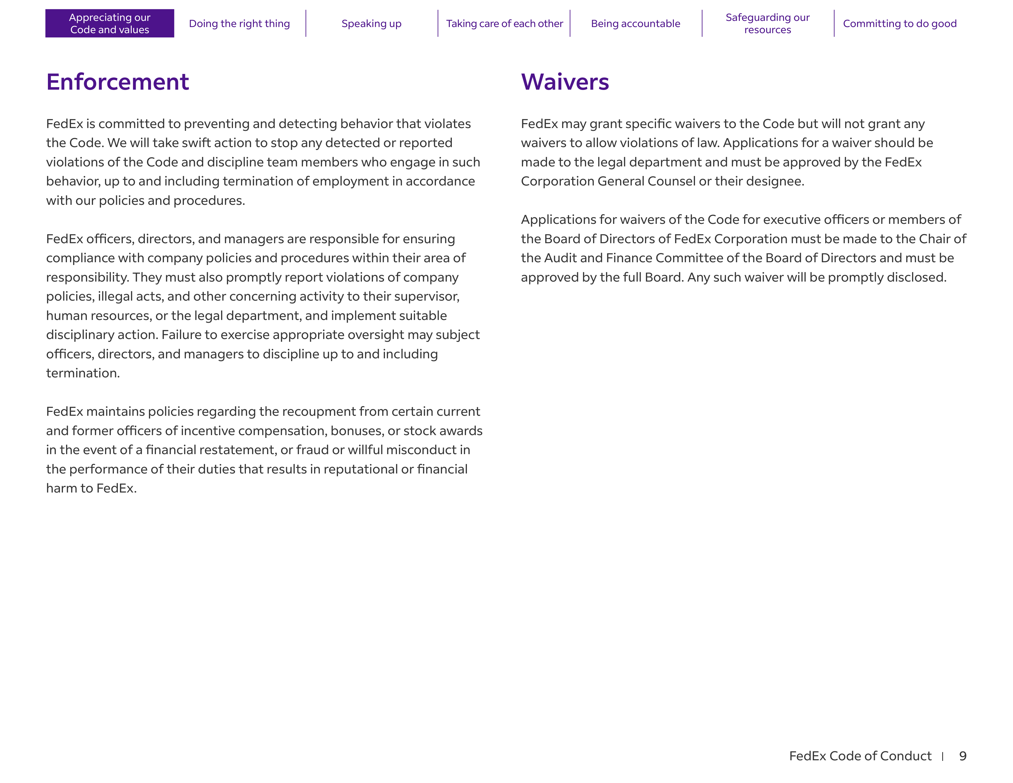FedEx Code of Conduct Handbook — page 9