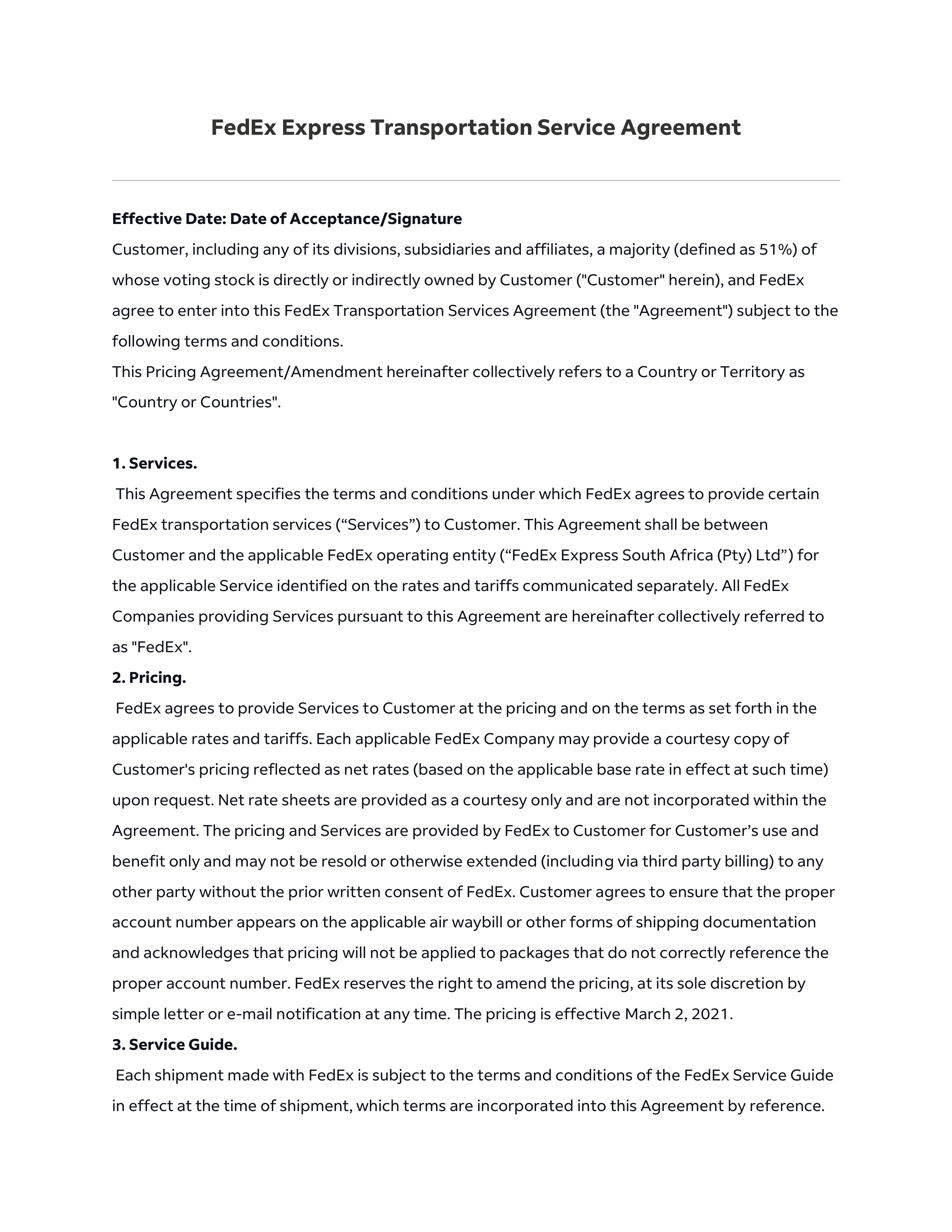 FedEx Express Transportation Service Agreement — page 1