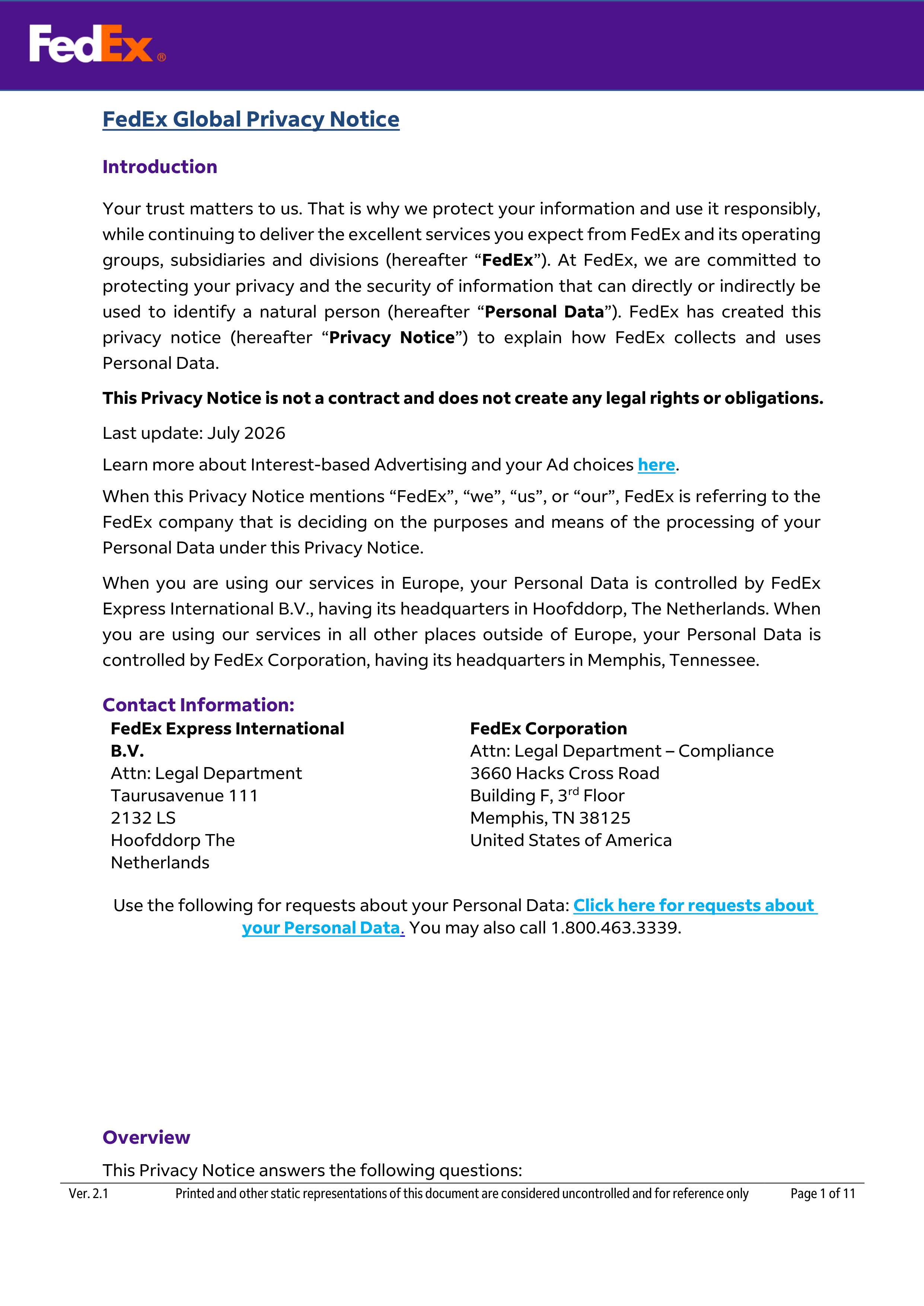 FedEx Global Privacy Notice — page 1