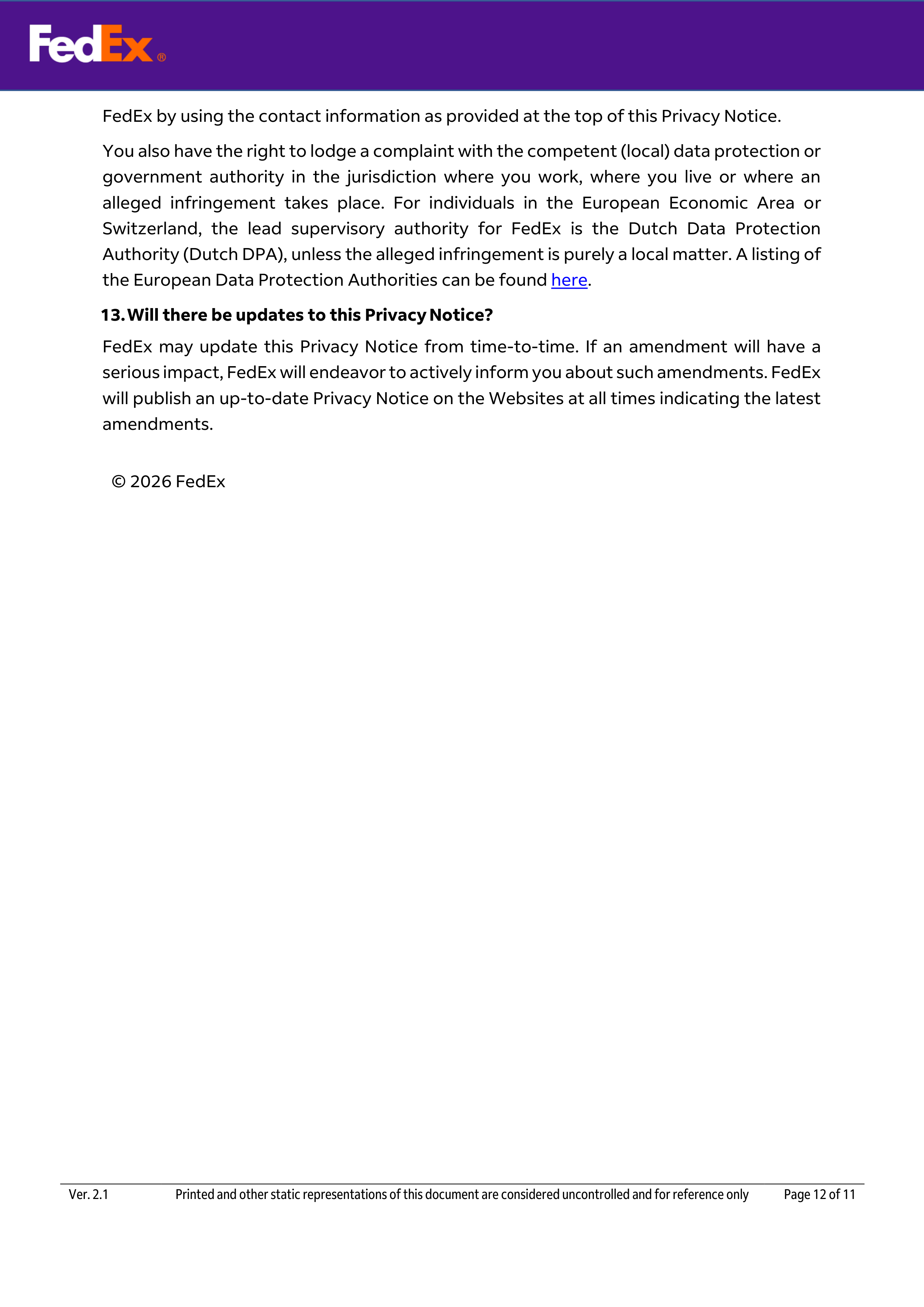FedEx Global Privacy Notice — page 12