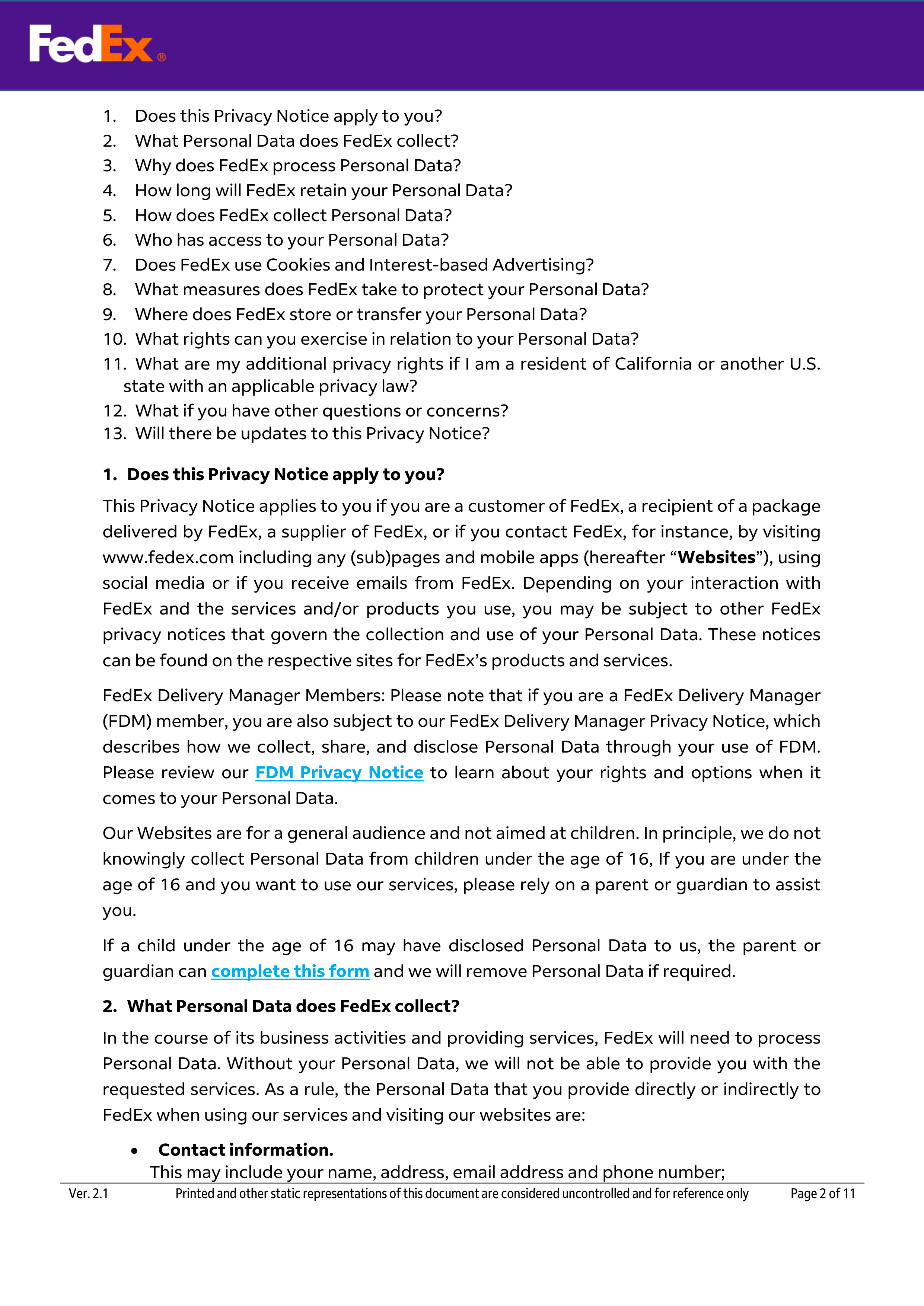 FedEx Global Privacy Notice — page 2