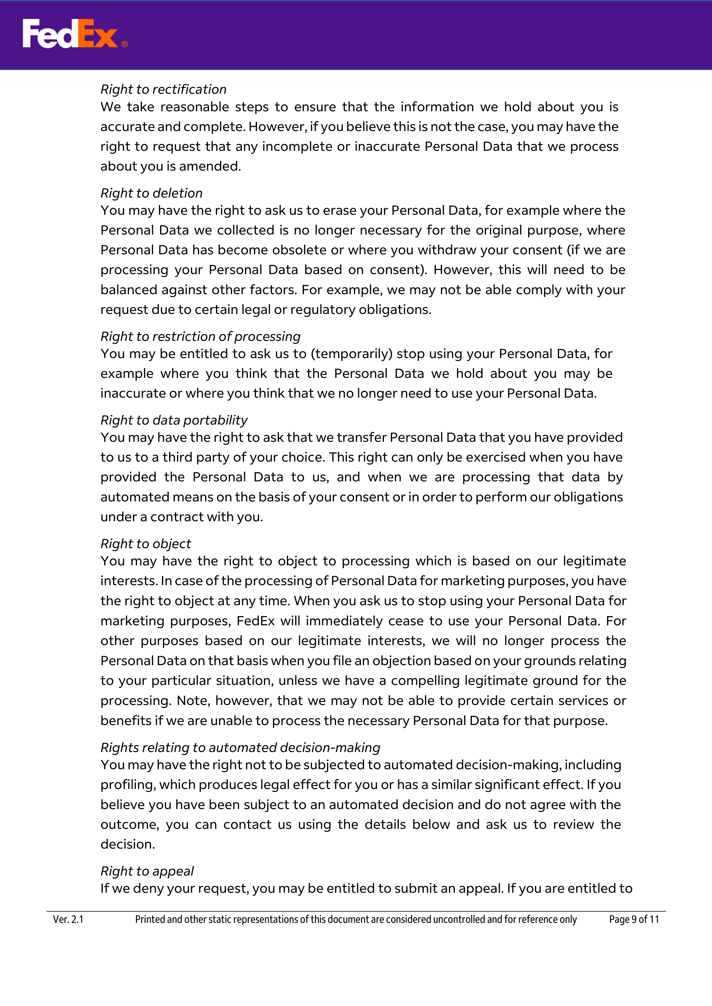 FedEx Global Privacy Notice — page 9