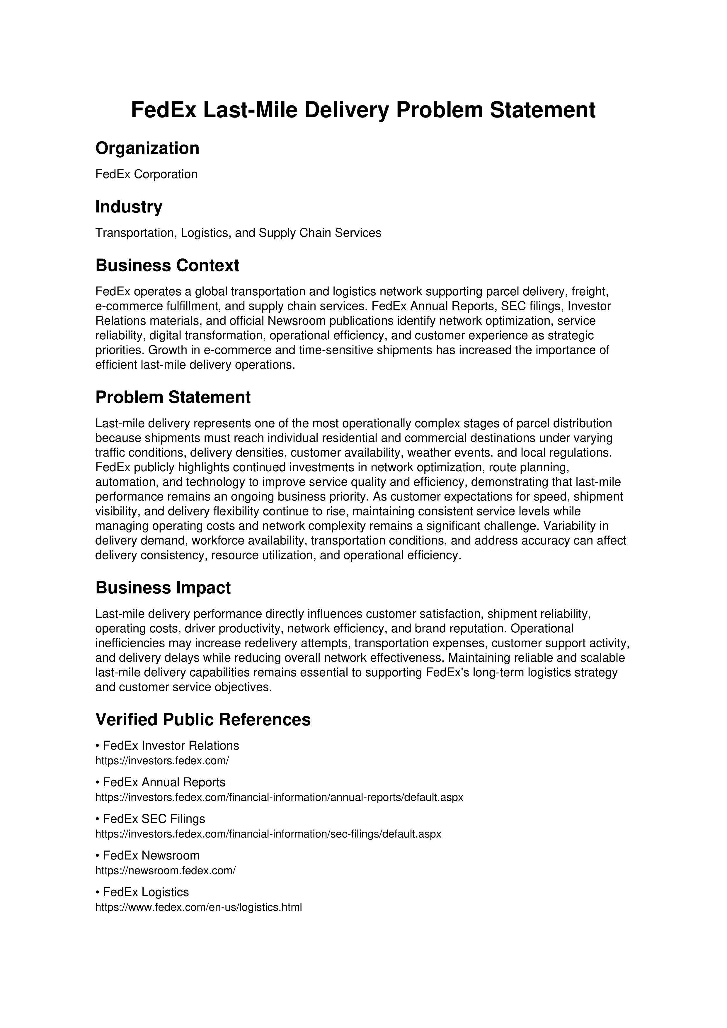 FedEx Last-Mile Delivery Problem Statement — page 1