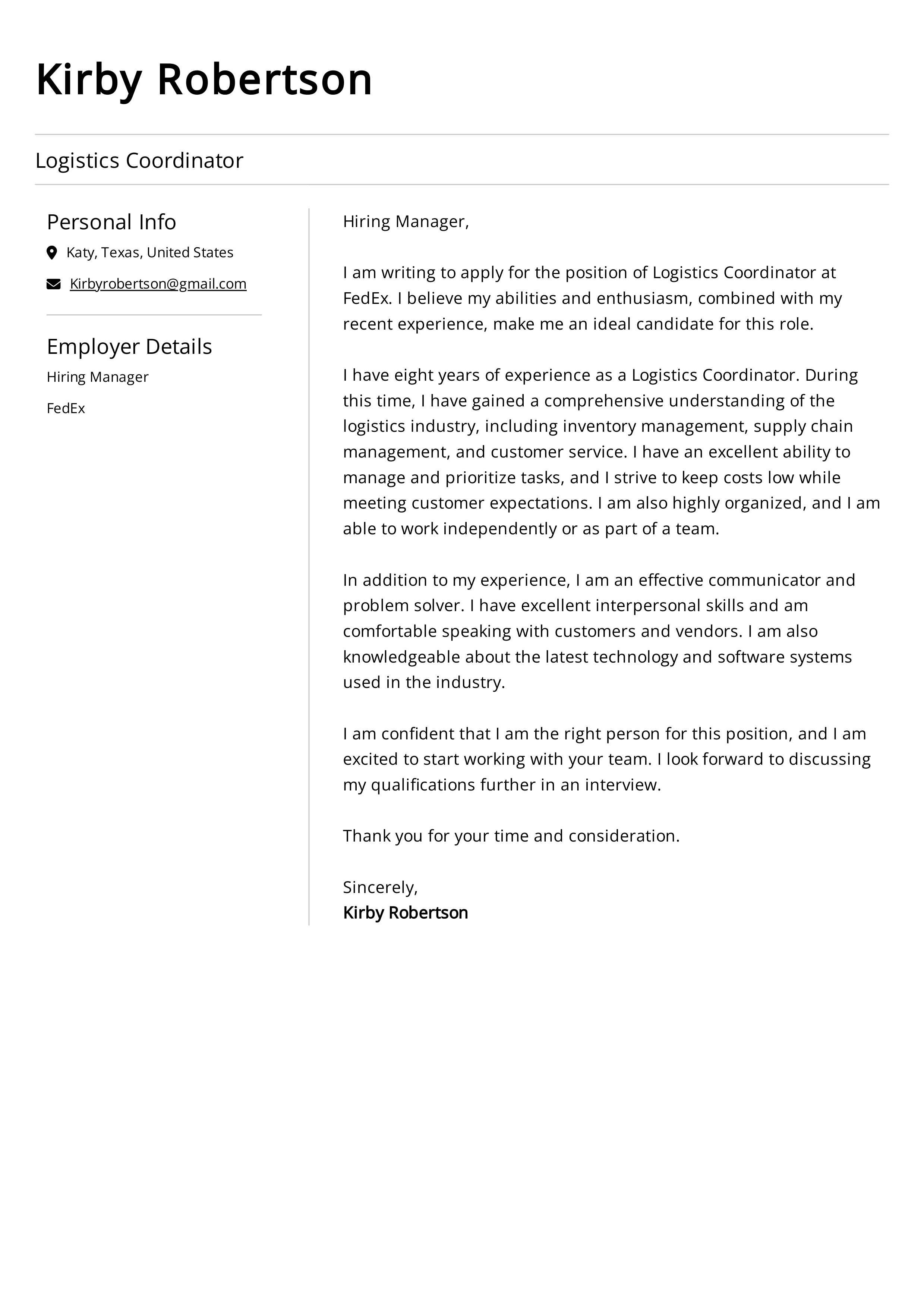 FedEx Logistics Coordinator Cover Letter — page 1