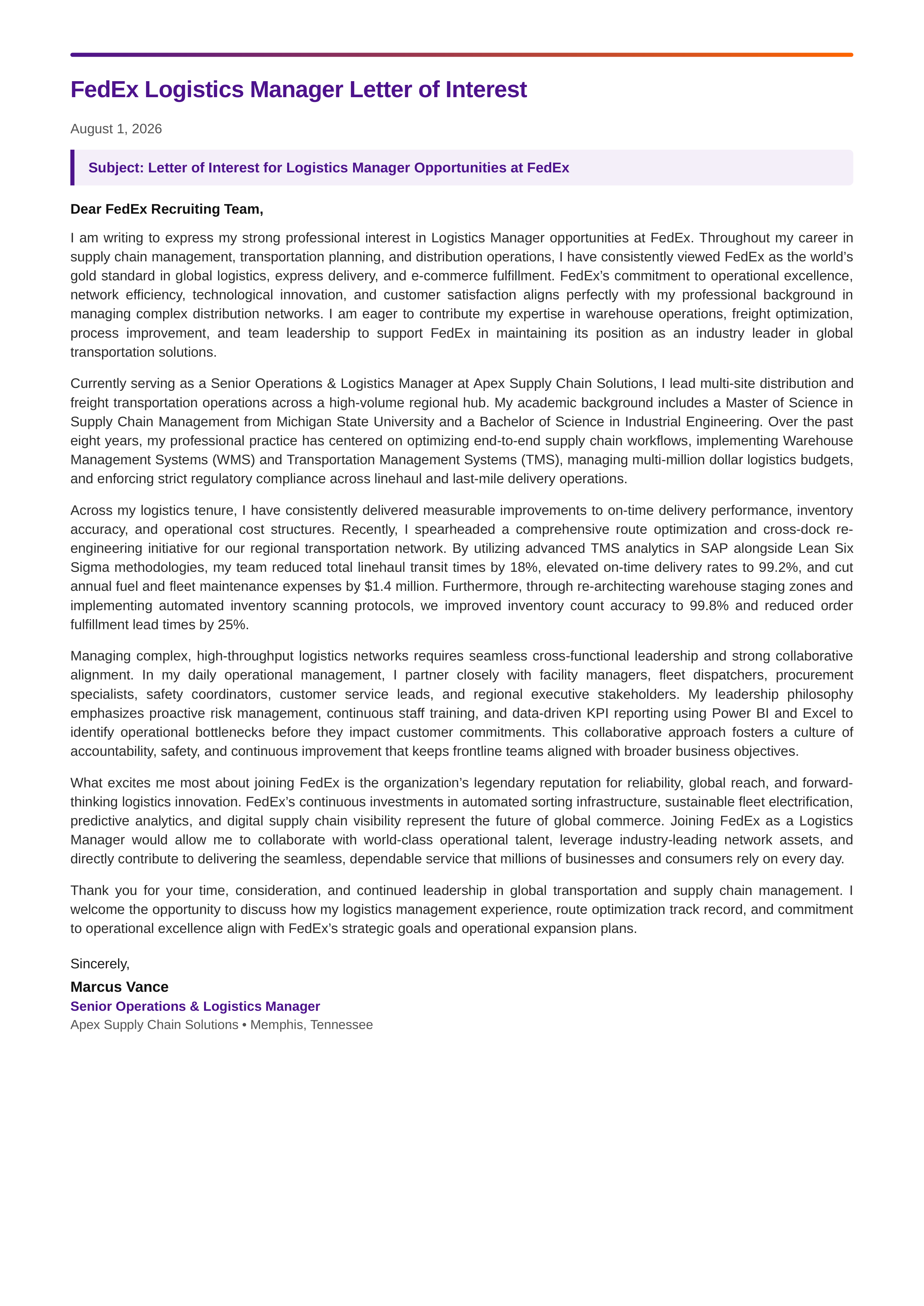 FedEx Logistics Manager Letter of Interest — page 1