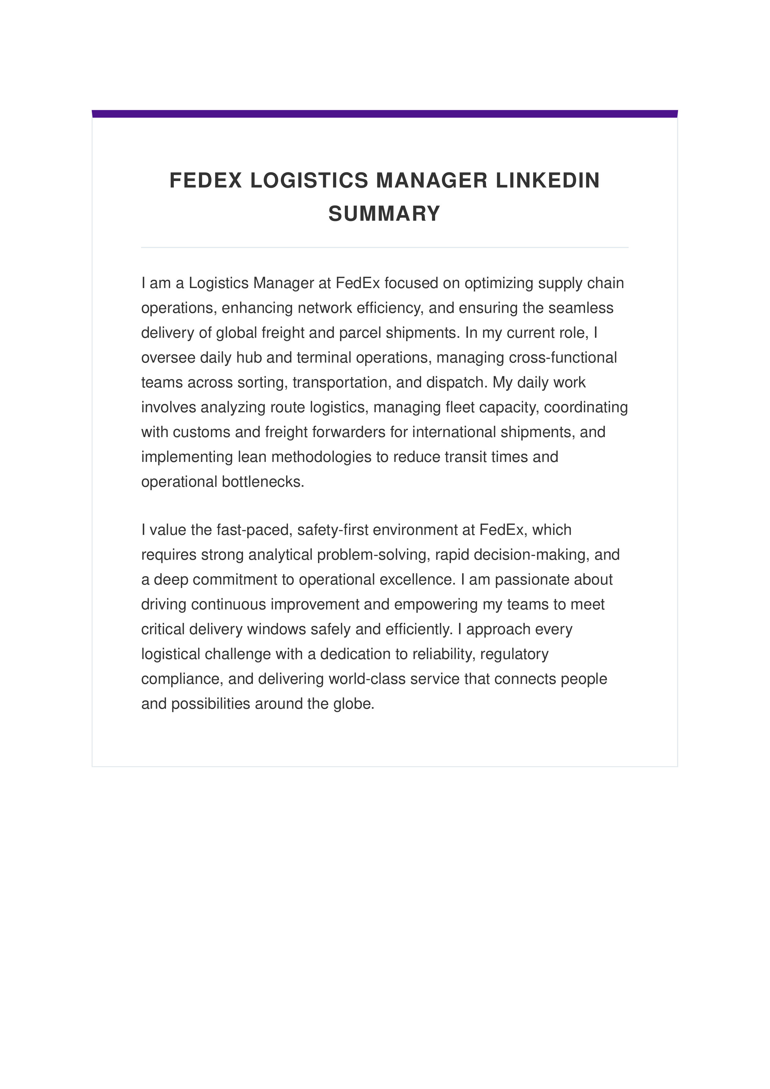FedEx Logistics Manager LinkedIn Summary — page 1