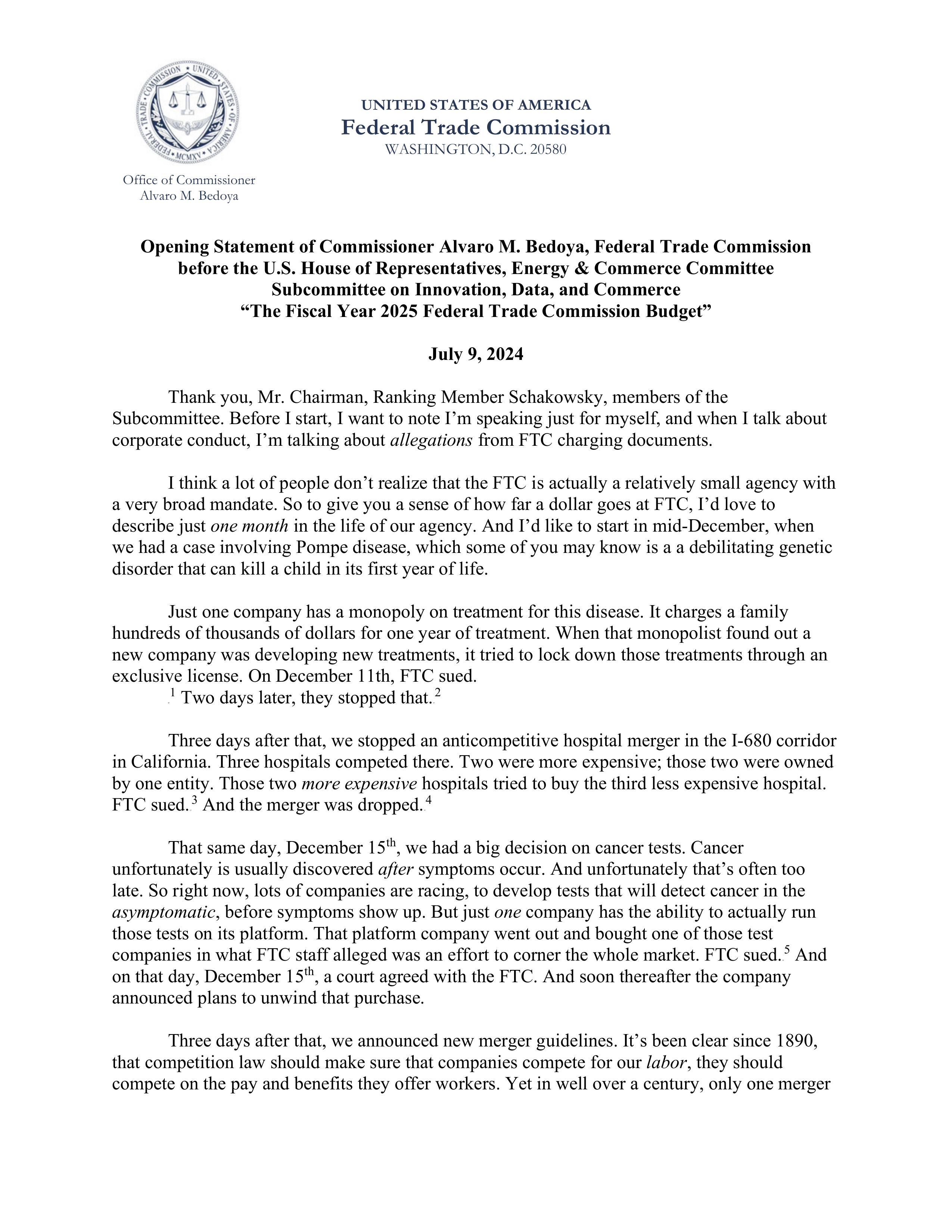 Federal Trade Commission Budget Hearing Opening Statement — page 1