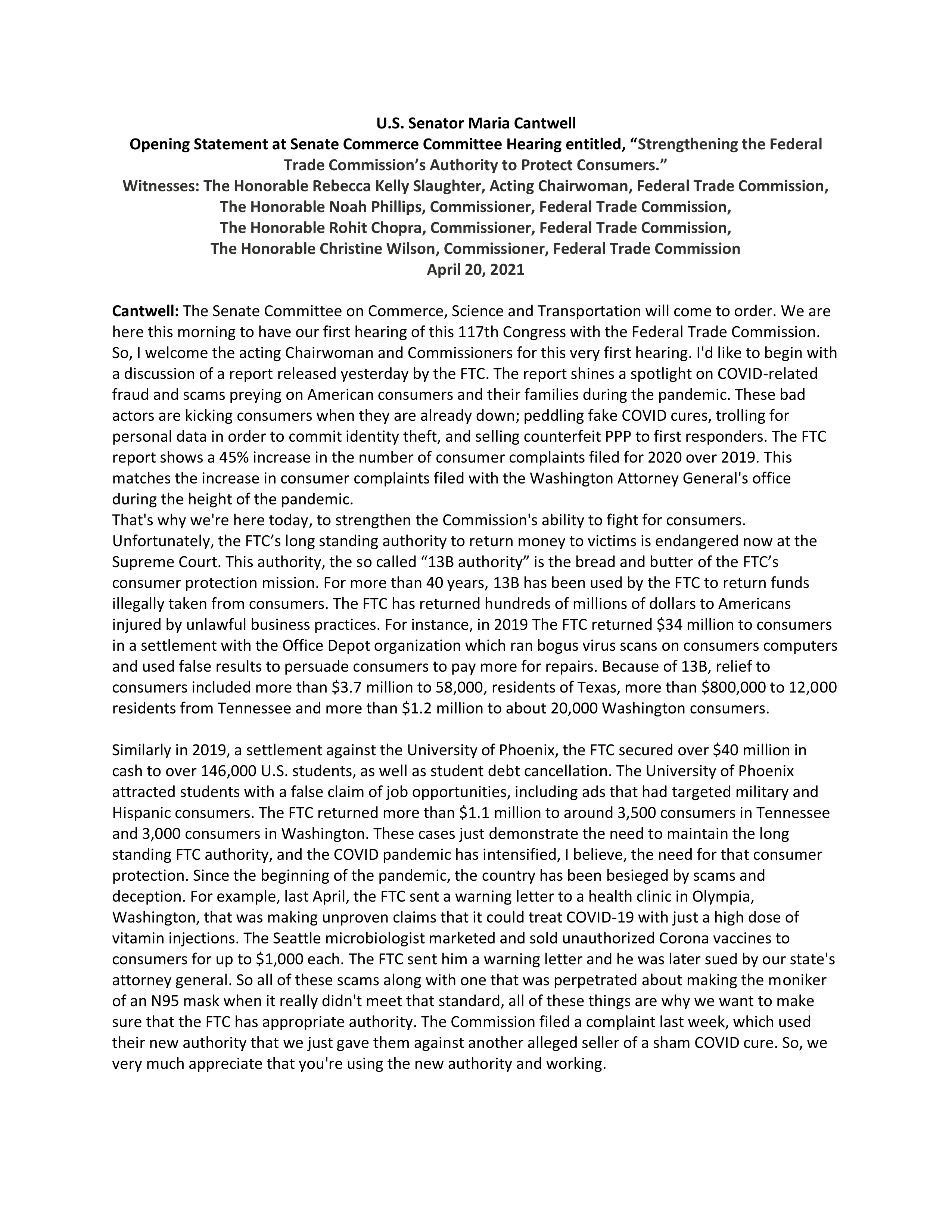 Federal Trade Commission Hearing Opening Statement — page 1