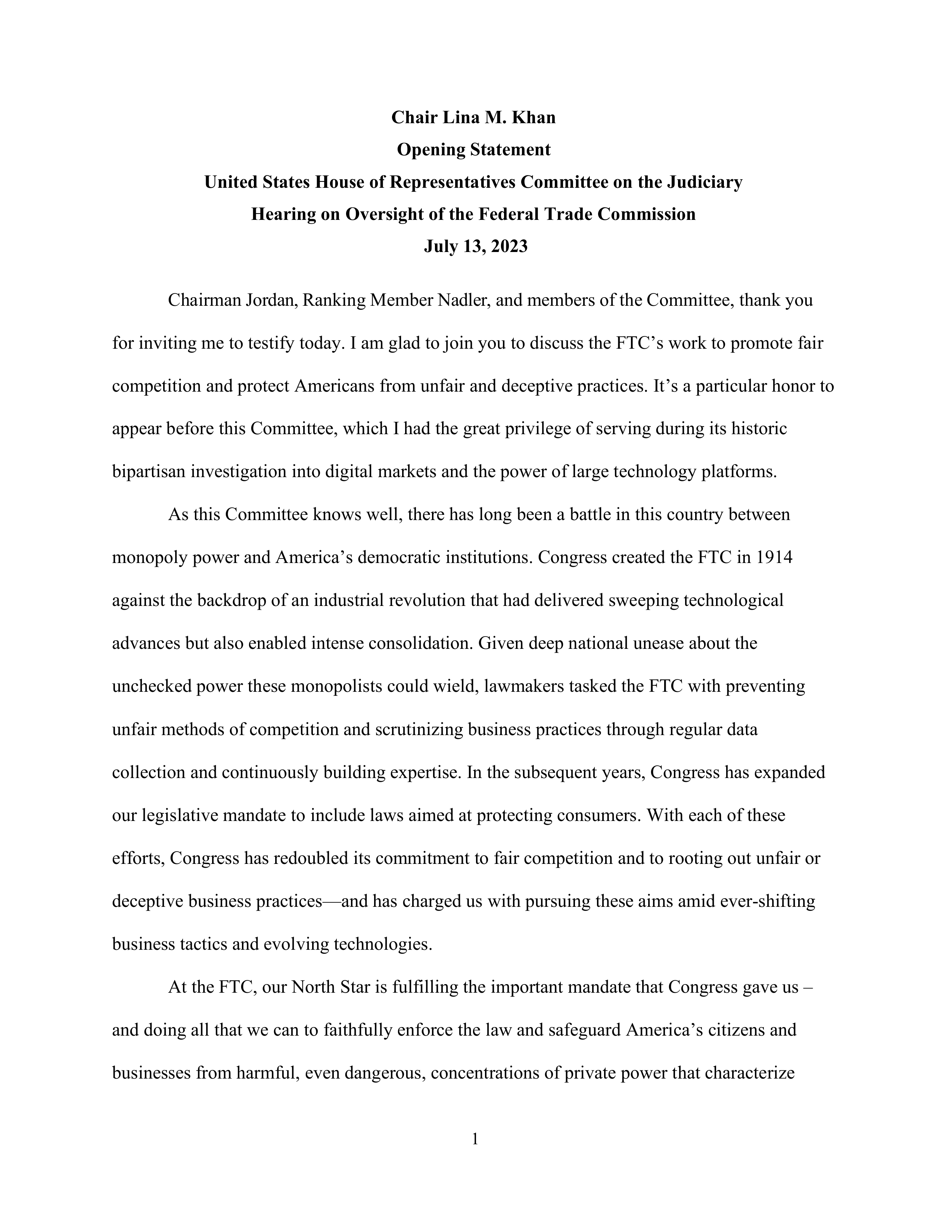 Federal Trade Commission Oversight Hearing Opening Statement — page 1