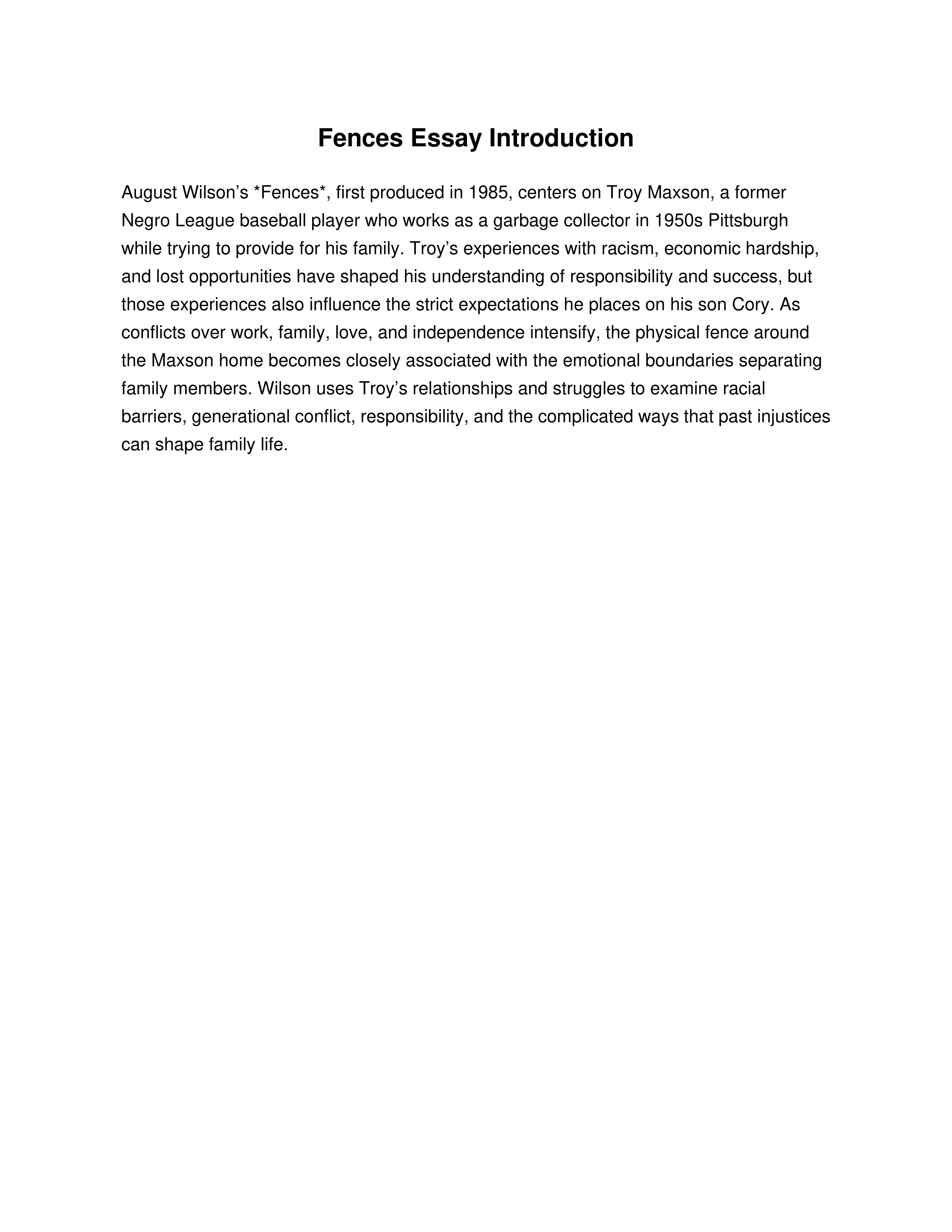 Fences Essay Introduction — page 1