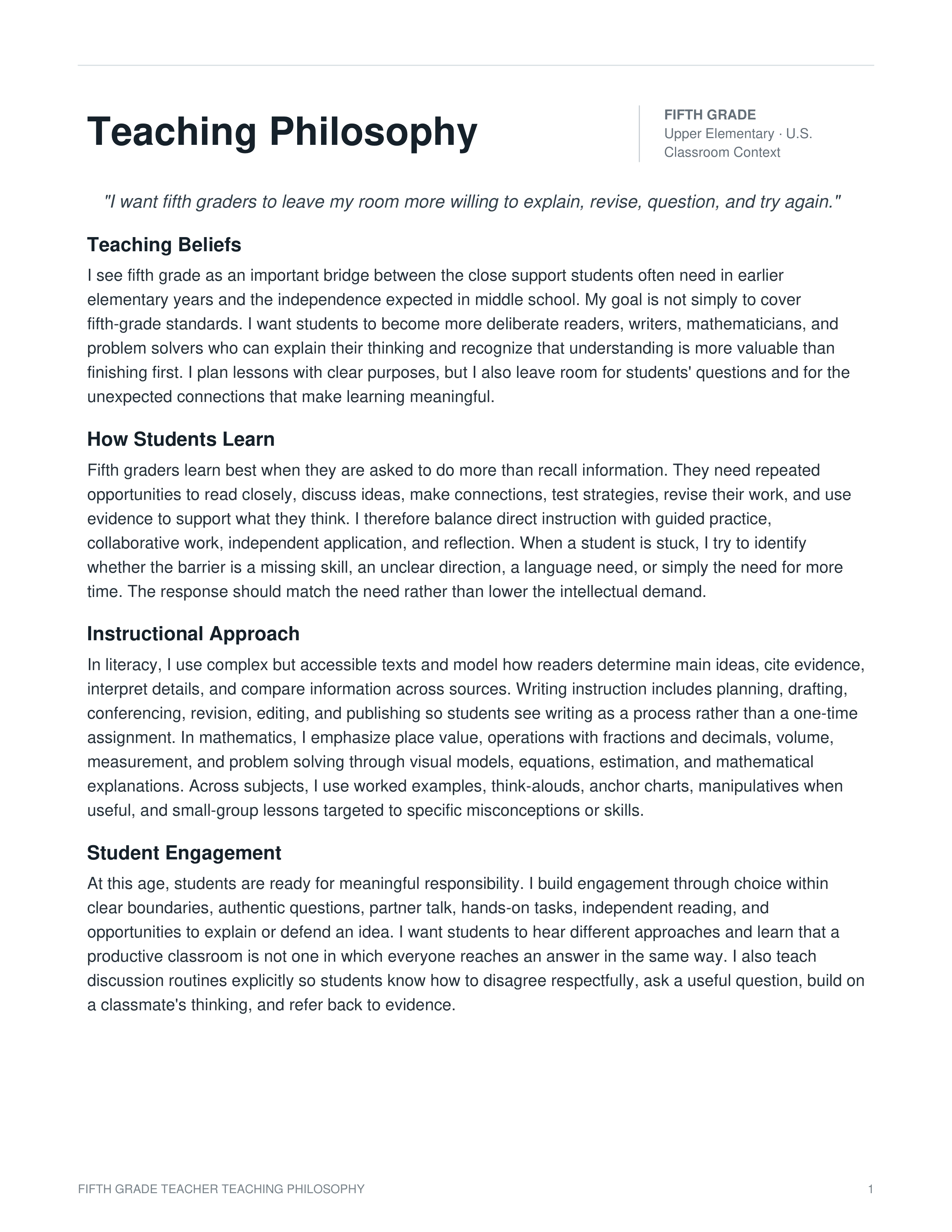 Fifth Grade Teacher Teaching Philosophy — page 1