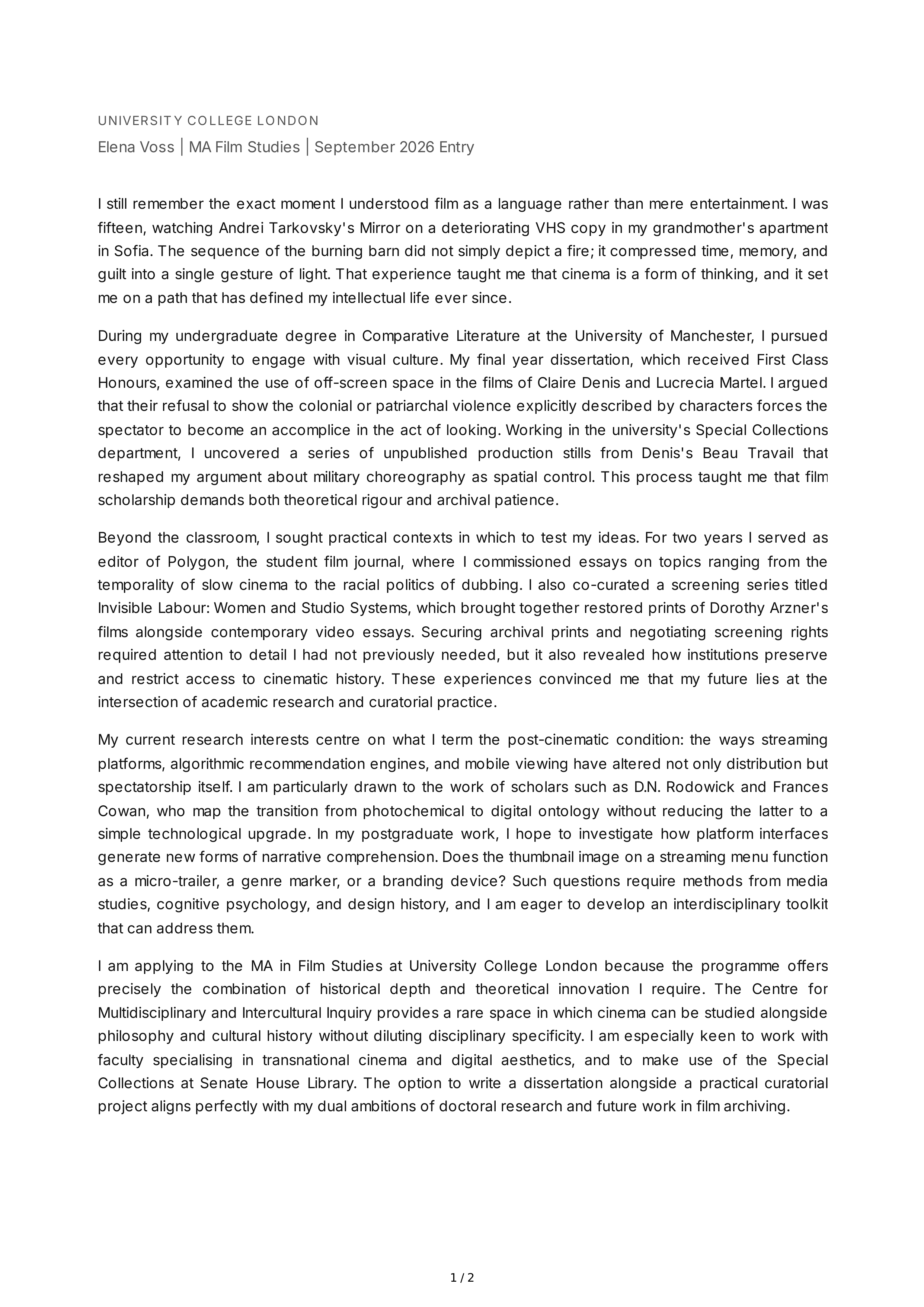 Film Studies Personal Statement — page 1