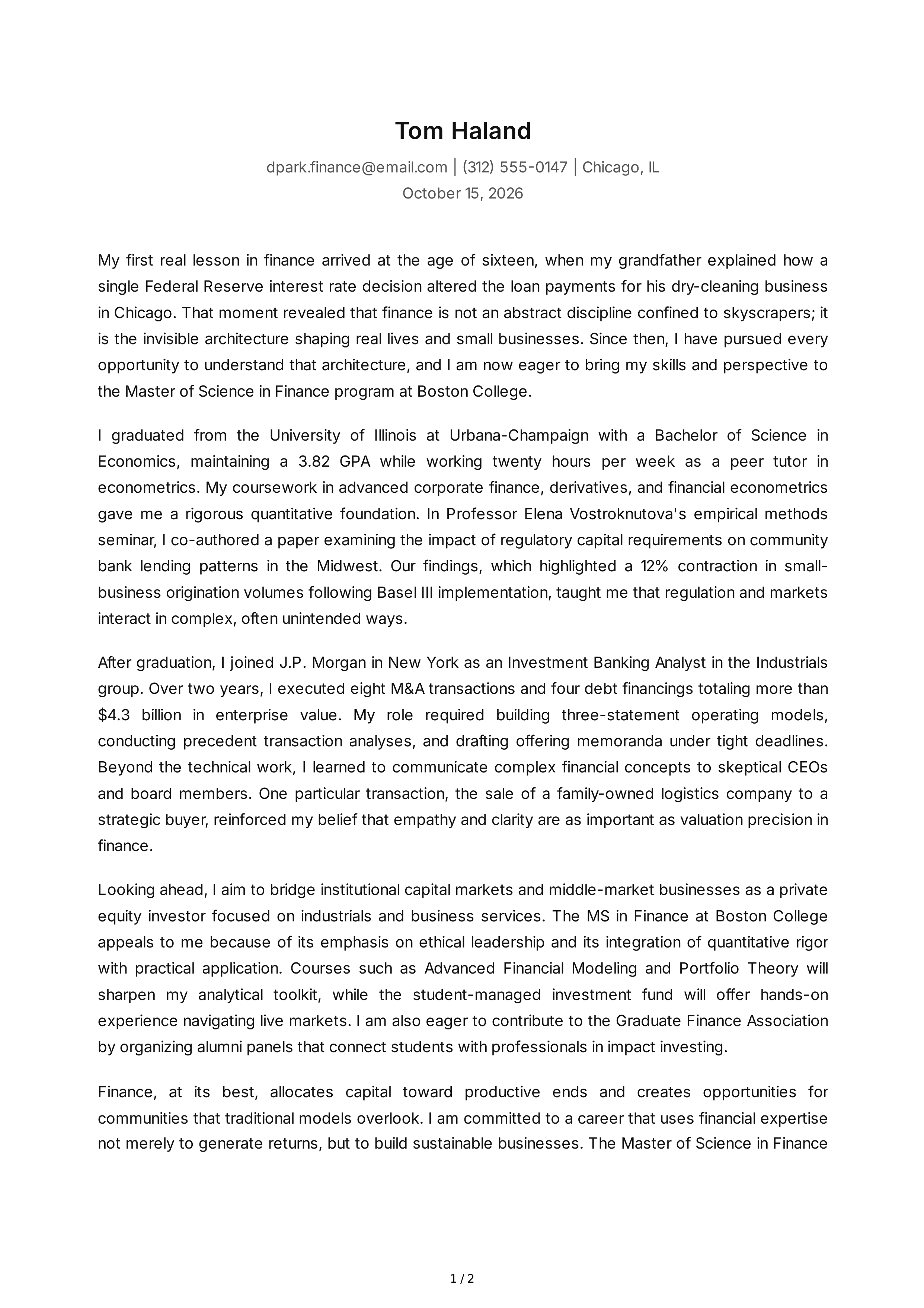 Finance Personal Statement — page 1
