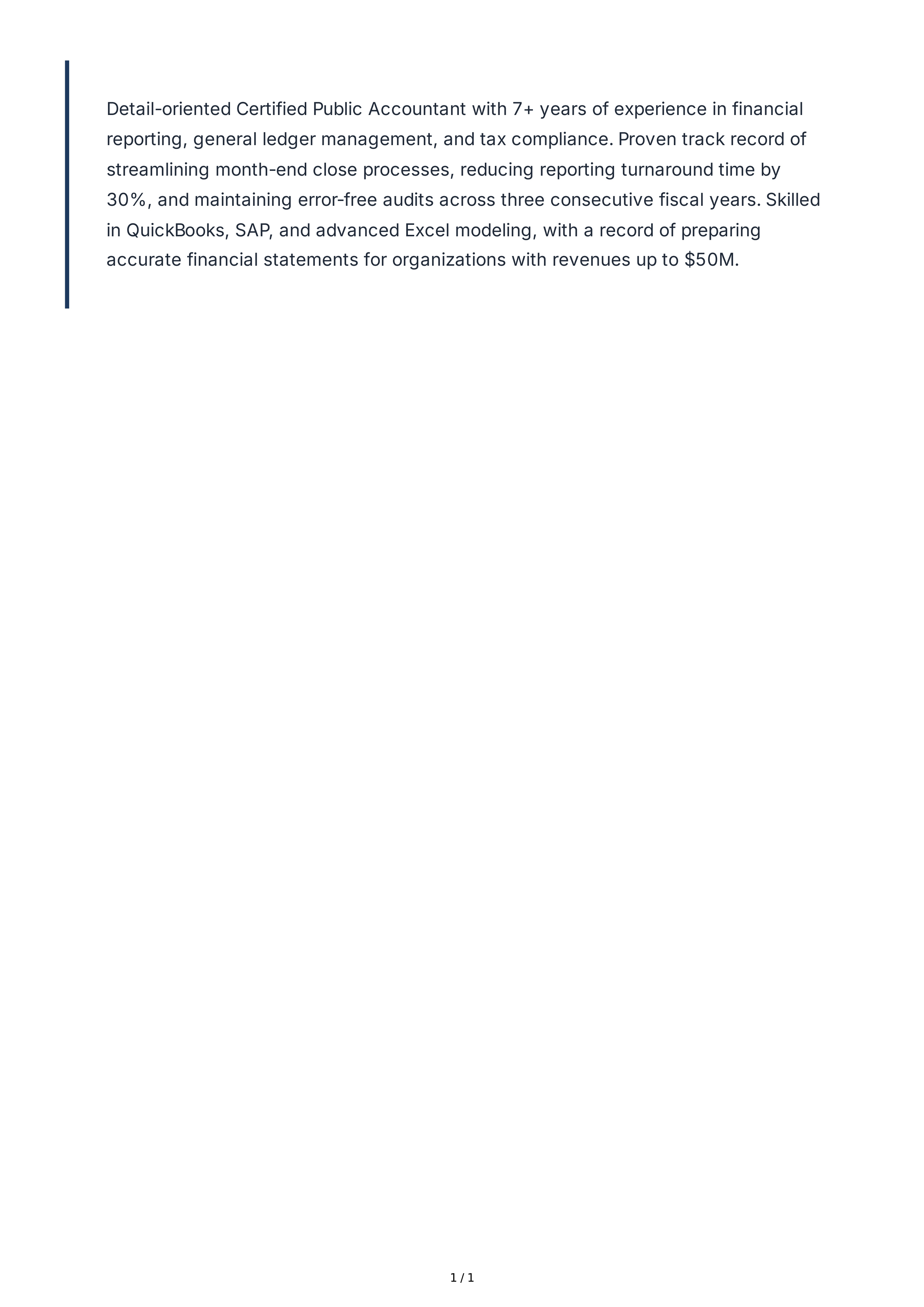 Financial Analyst Resume Summary — page 1