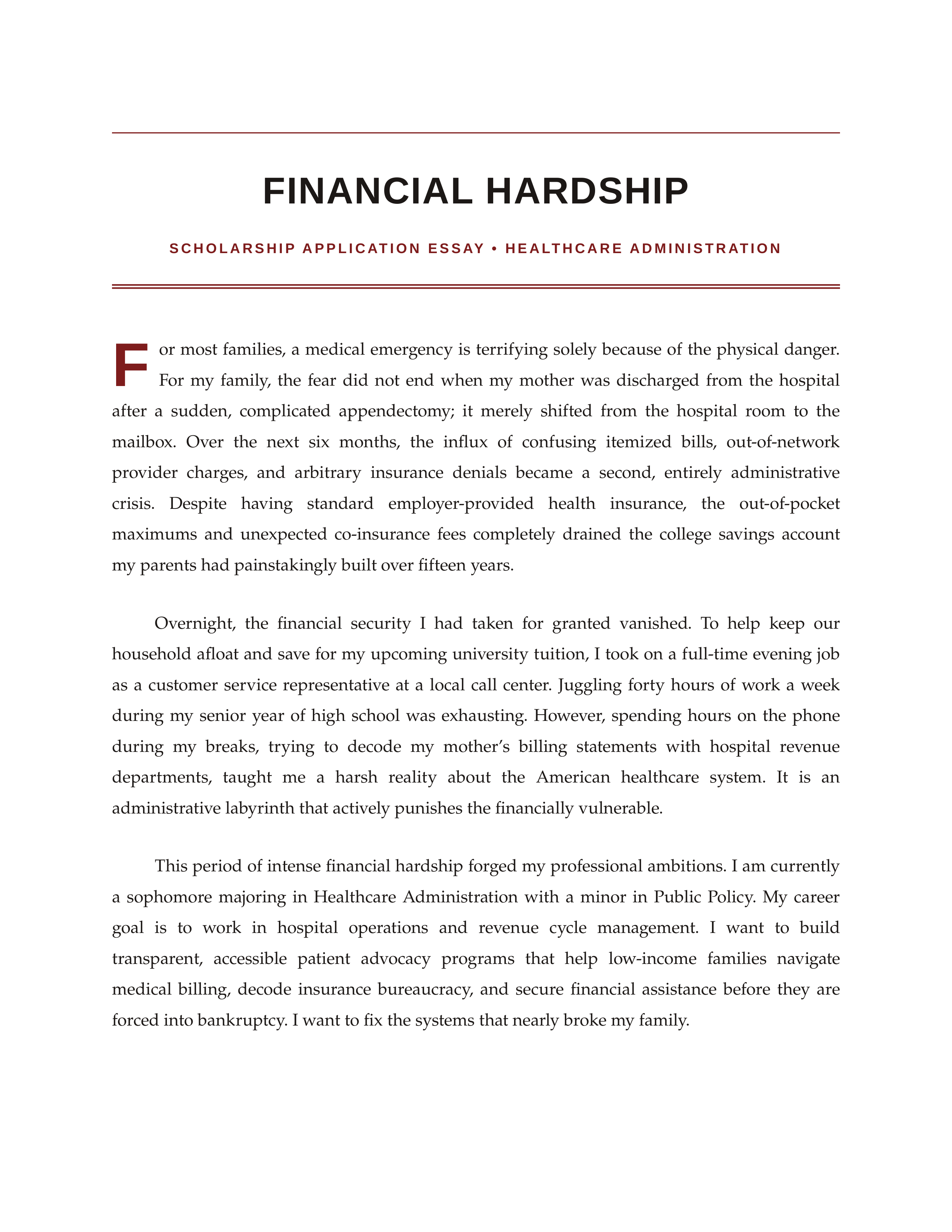 Financial Hardship Scholarship Essay — page 1