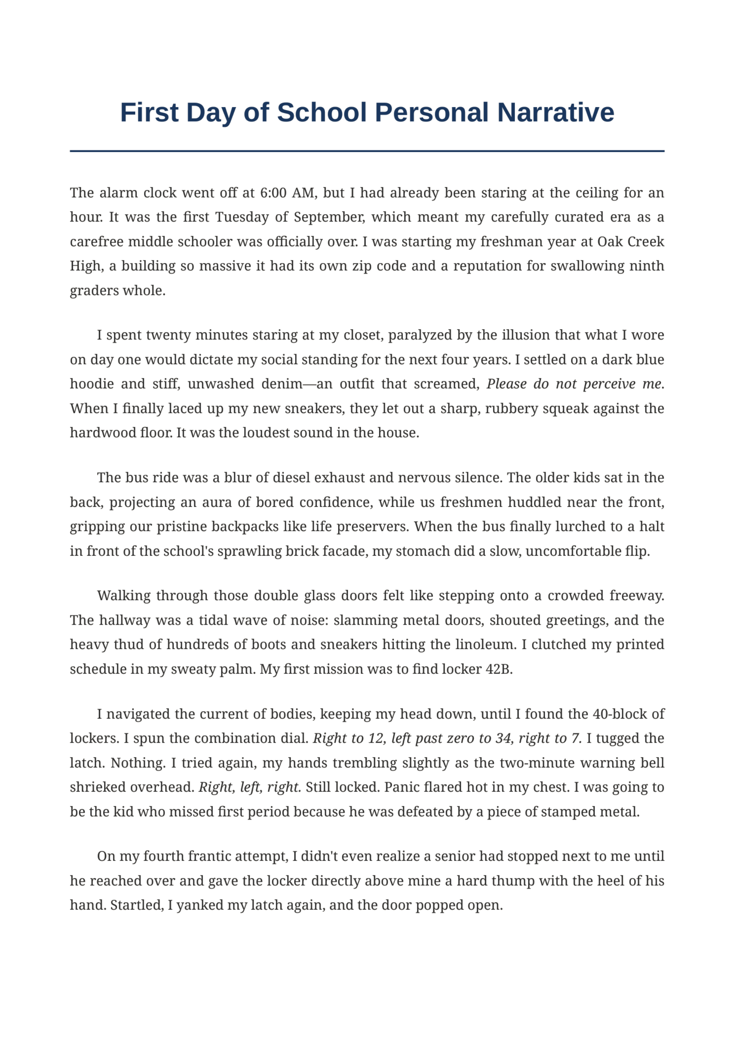 First Day of School Personal Narrative — page 1