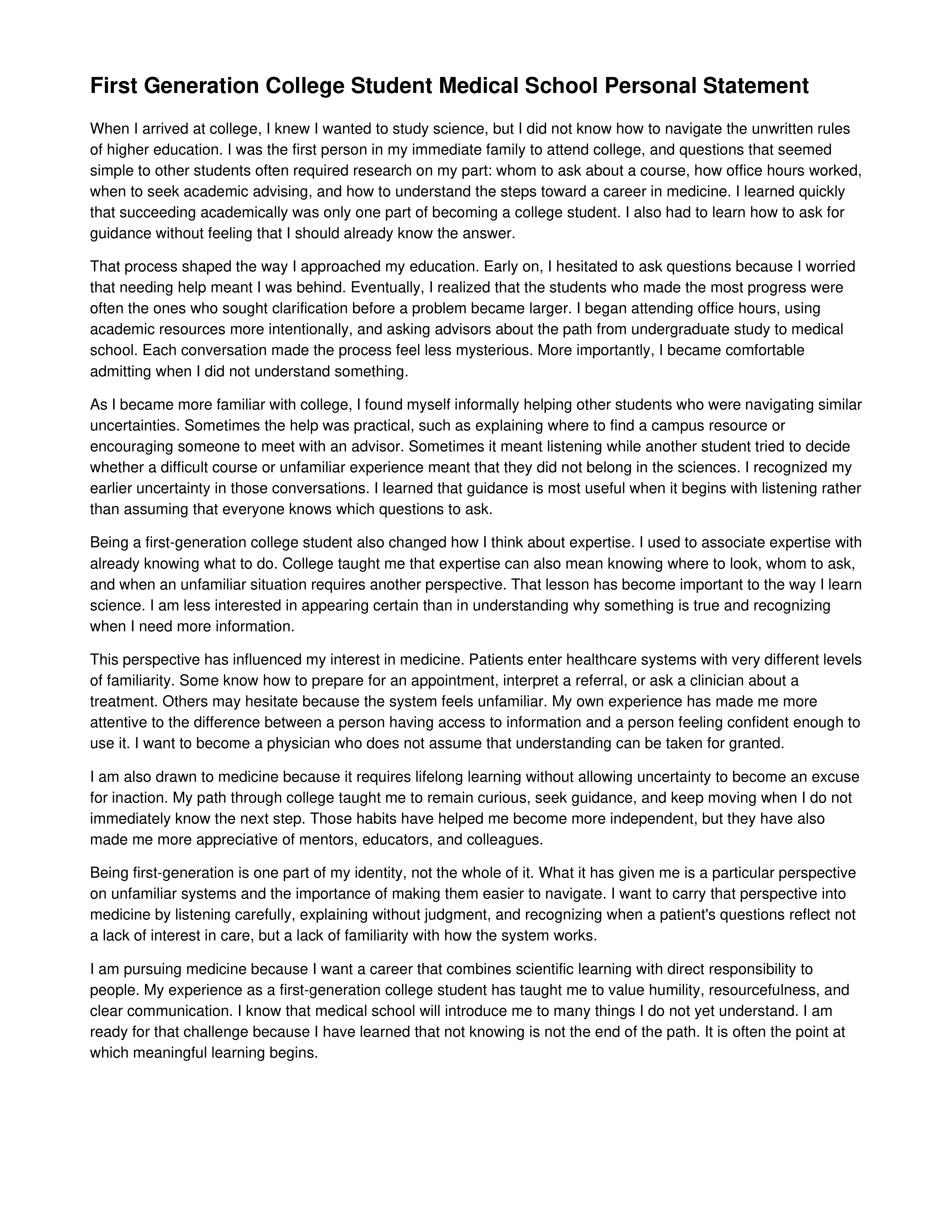 First Generation College Student Medical School Personal Statement — page 1