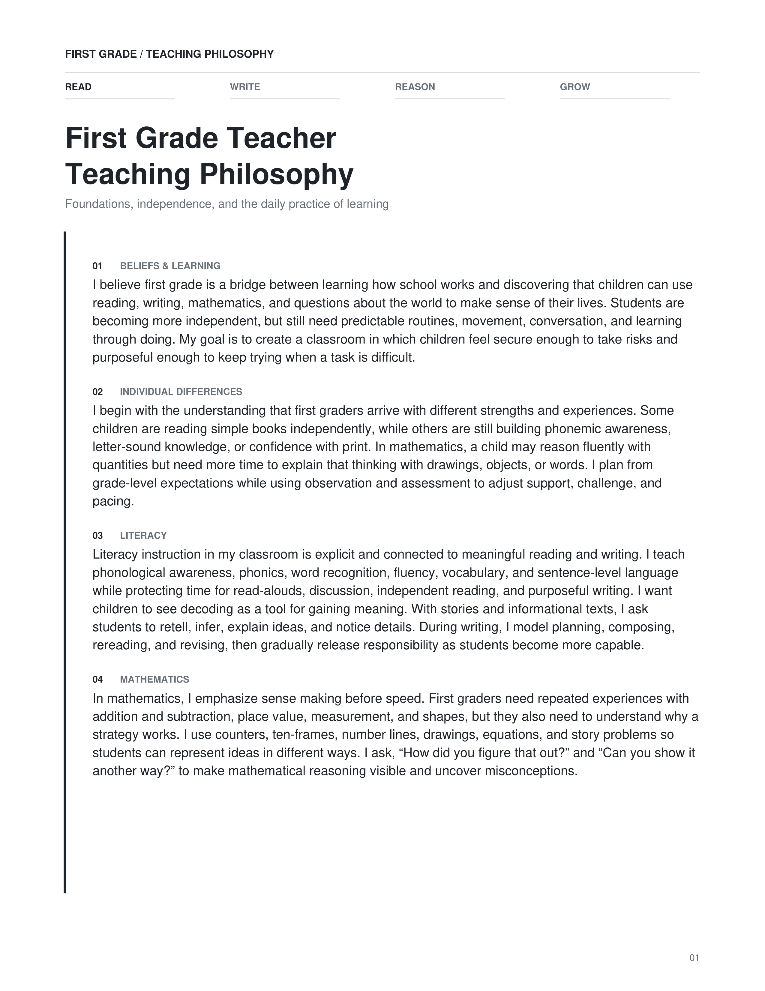 First Grade Teacher Teaching Philosophy — page 1