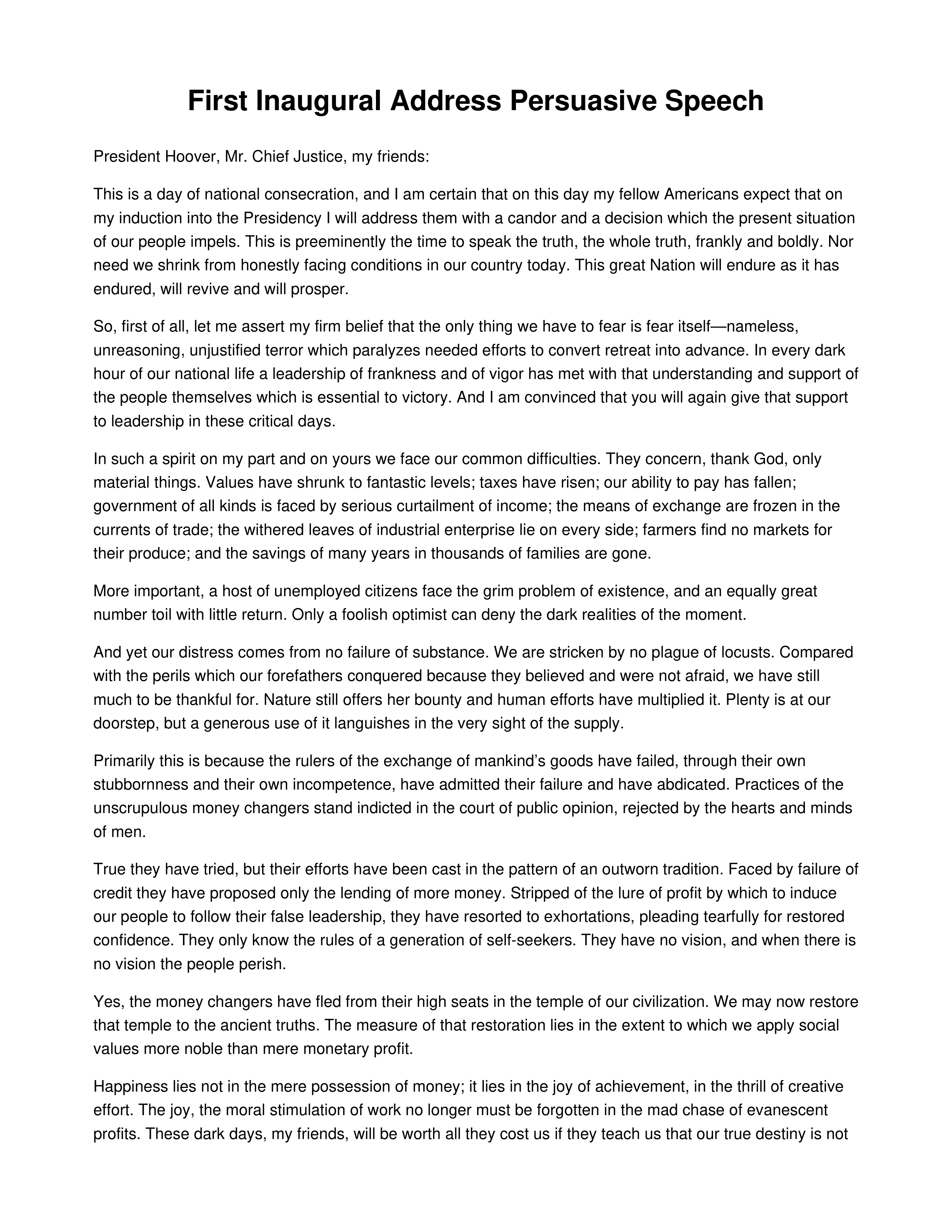 First Inaugural Address Persuasive Speech — page 1