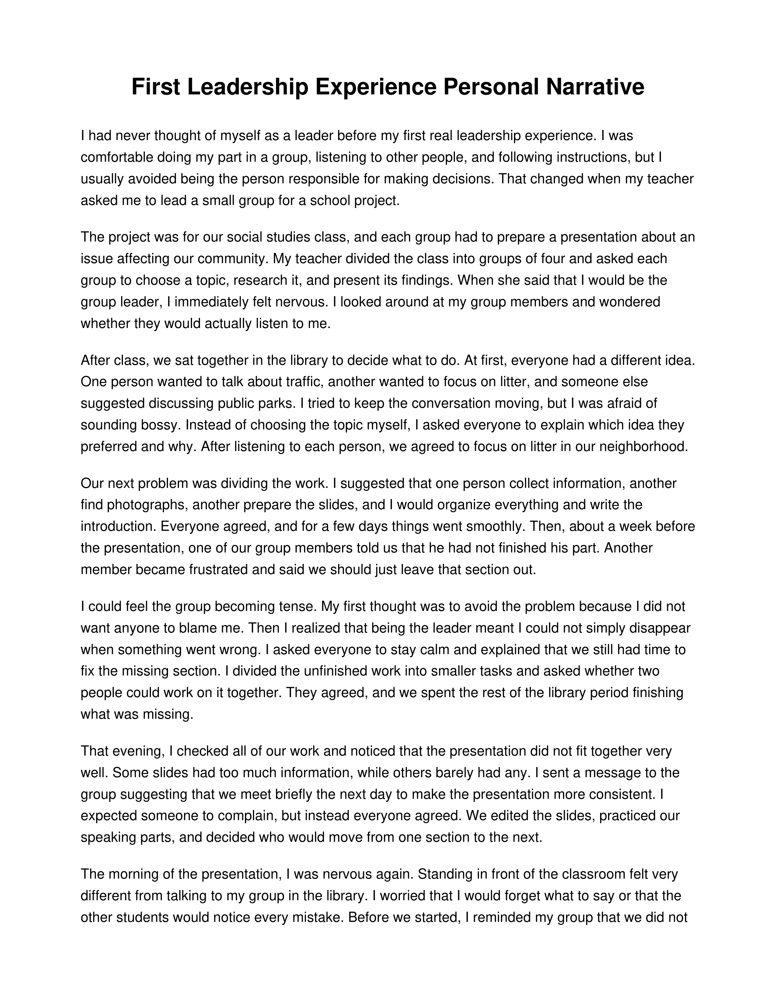First Leadership Experience Personal Narrative — page 1