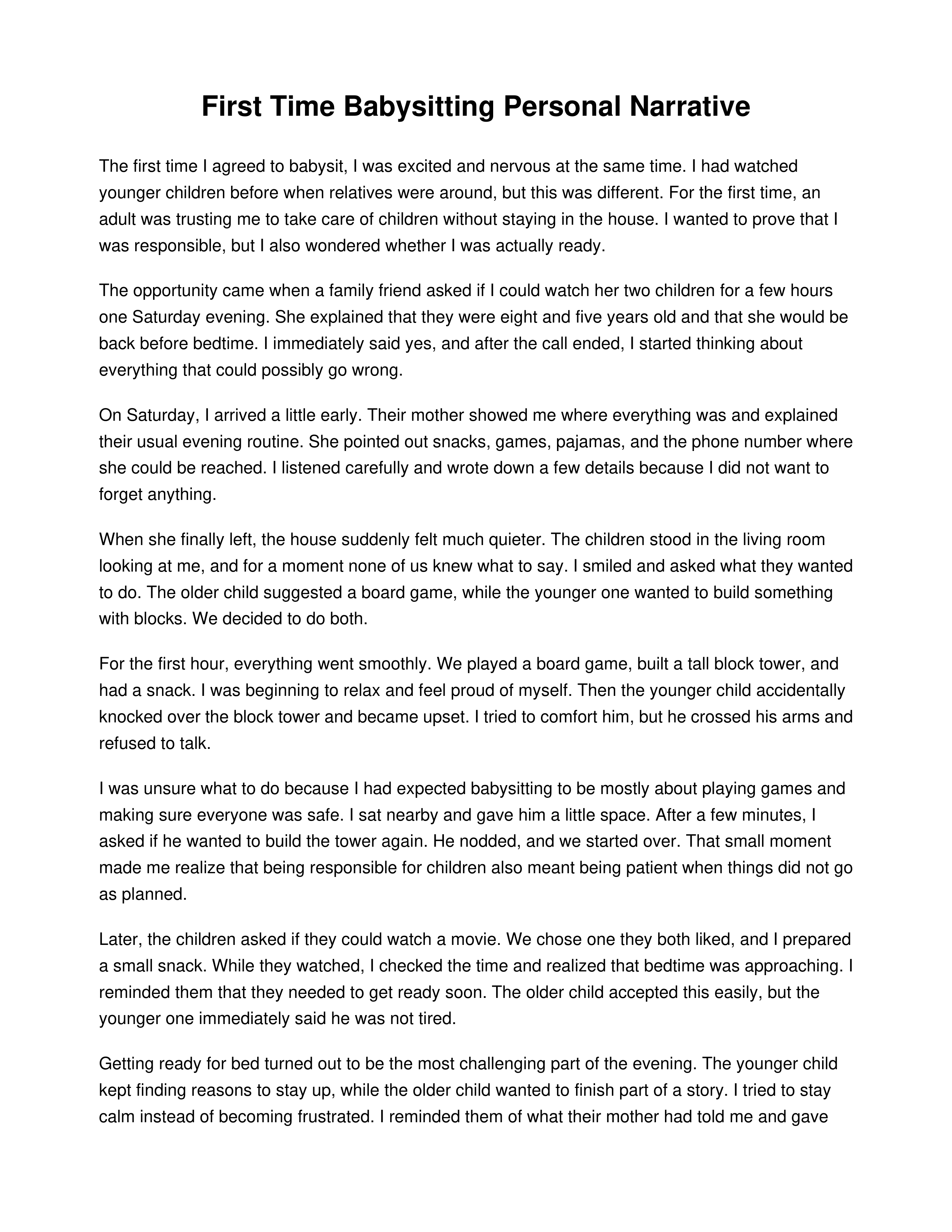 First Time Babysitting Personal Narrative — page 1