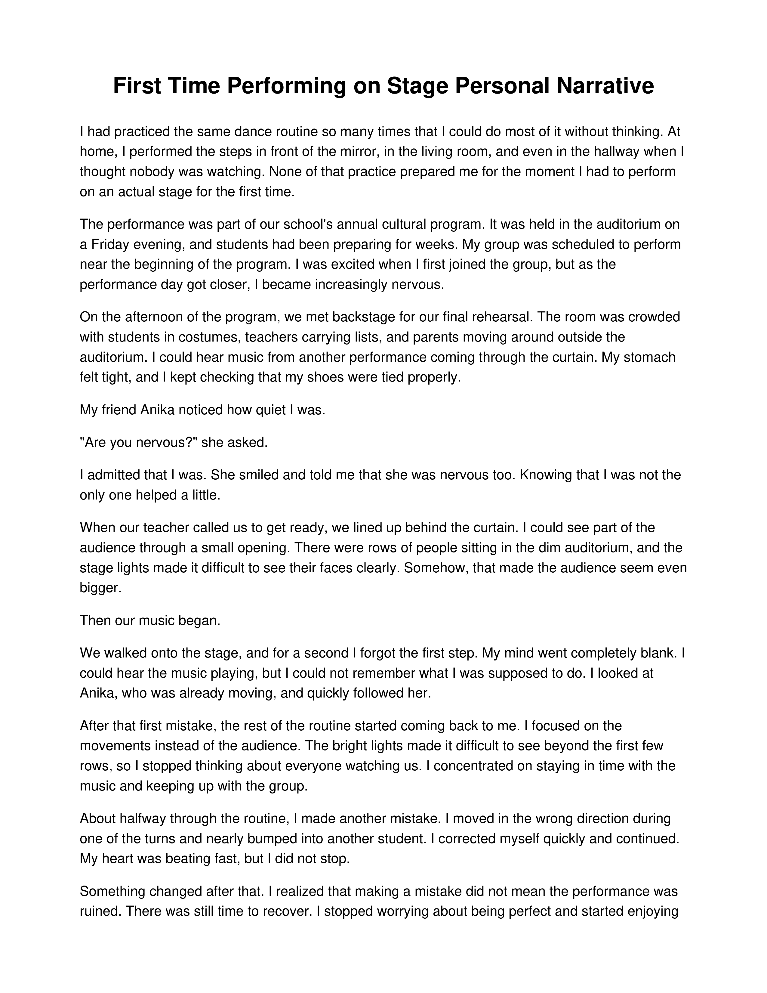 First Time Performing on Stage Personal Narrative — page 1