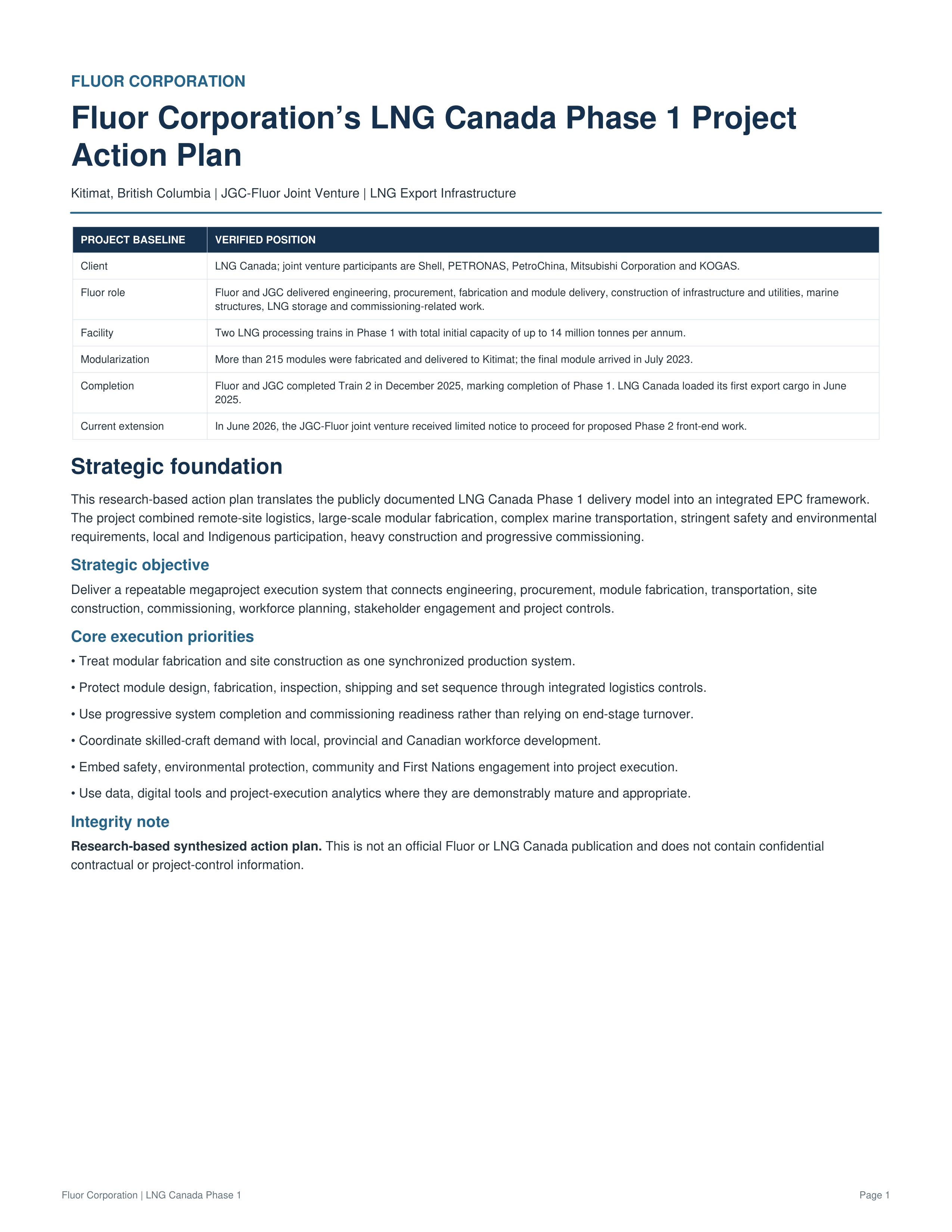 Fluor Corporation LNG Canada Phase 1 Project Action Plan — page 1