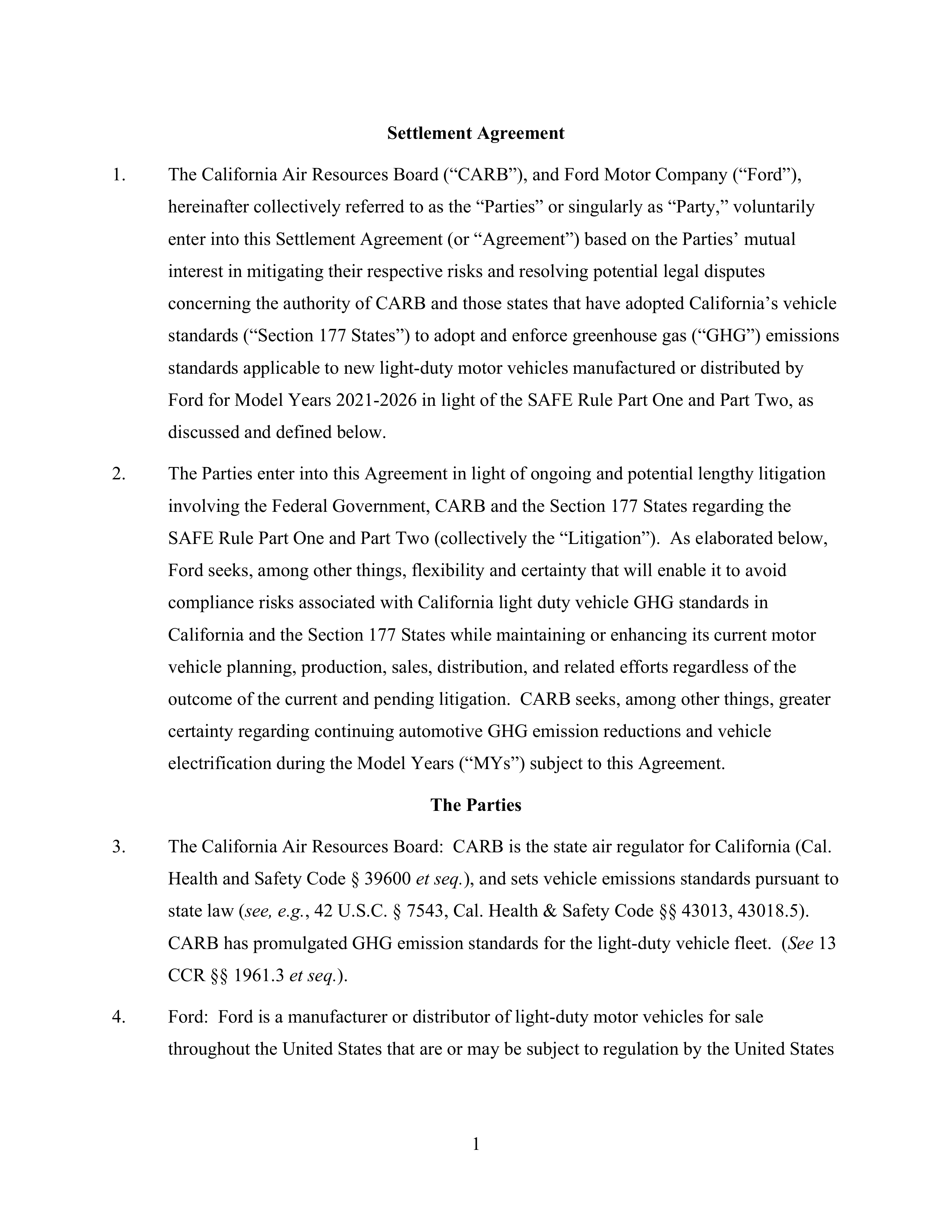 Ford Framework Agreement — page 1