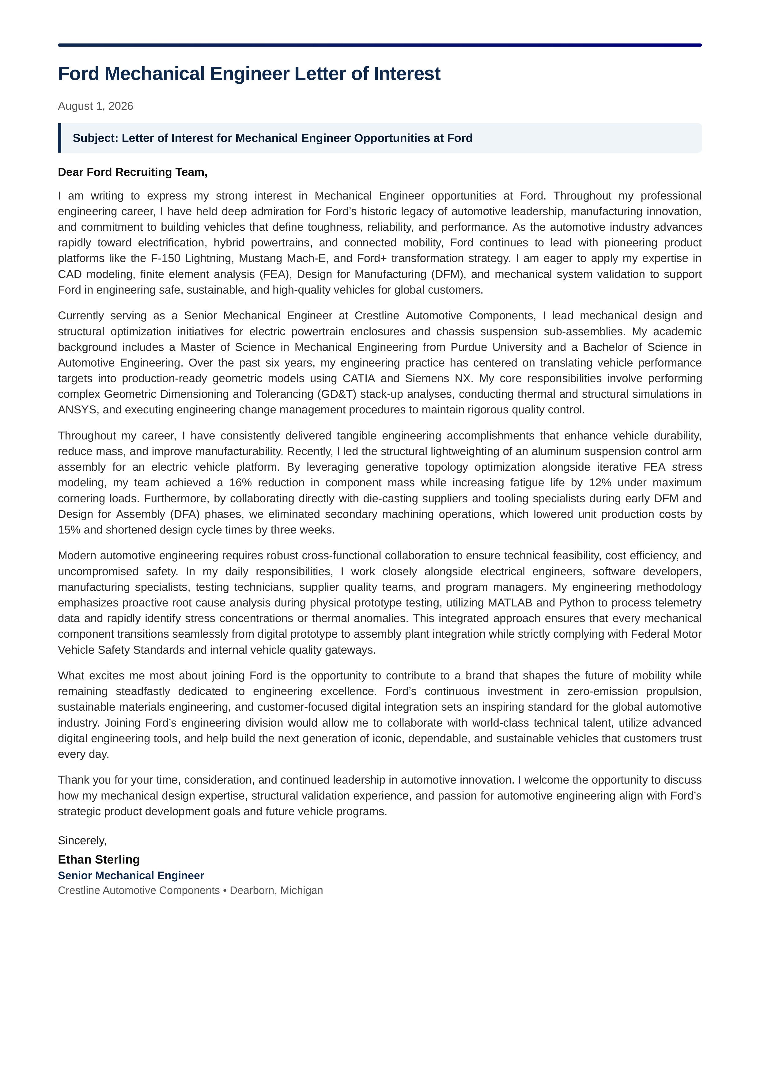 Ford Mechanical Engineer Letter of Interest — page 1