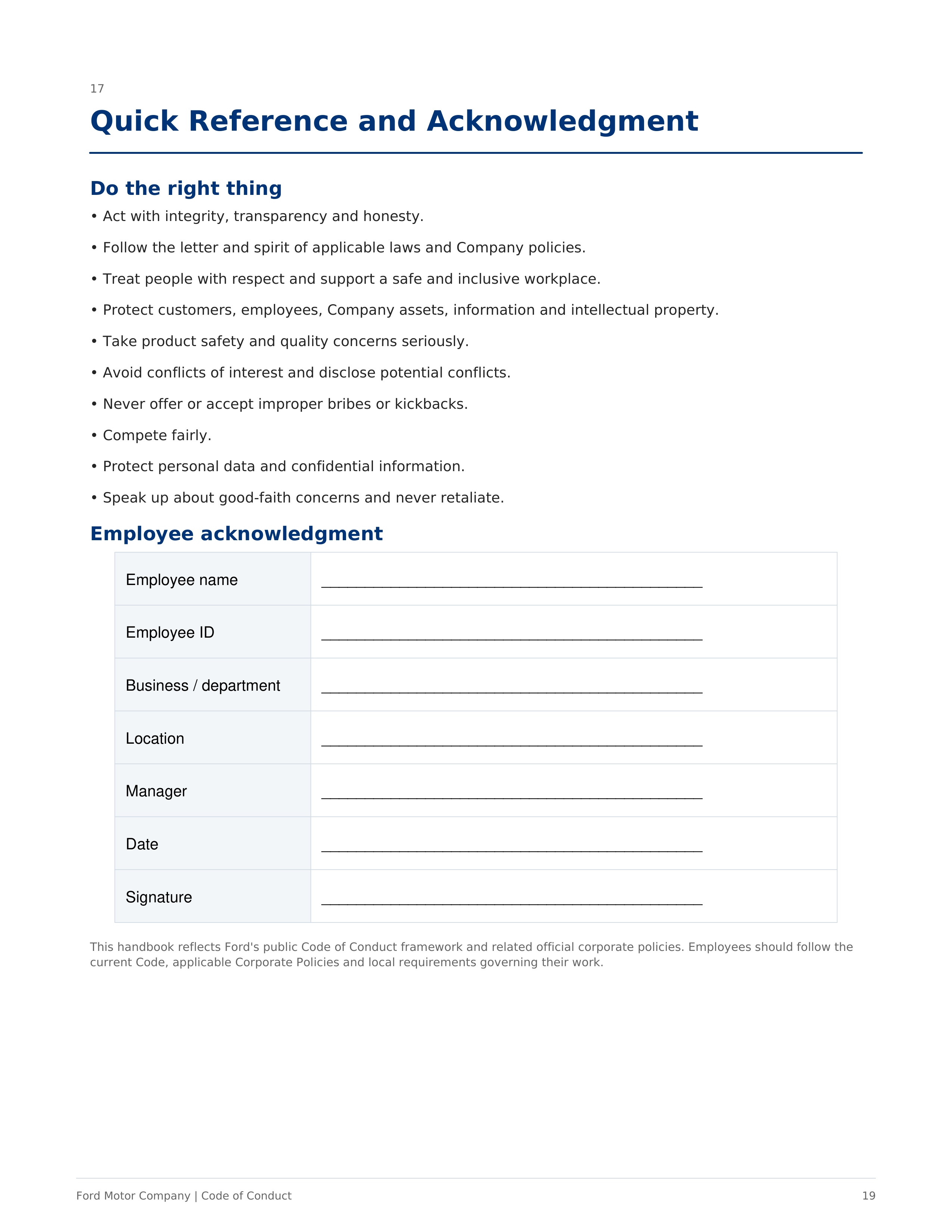 Ford Motor Company Code of Conduct Handbook — page 19