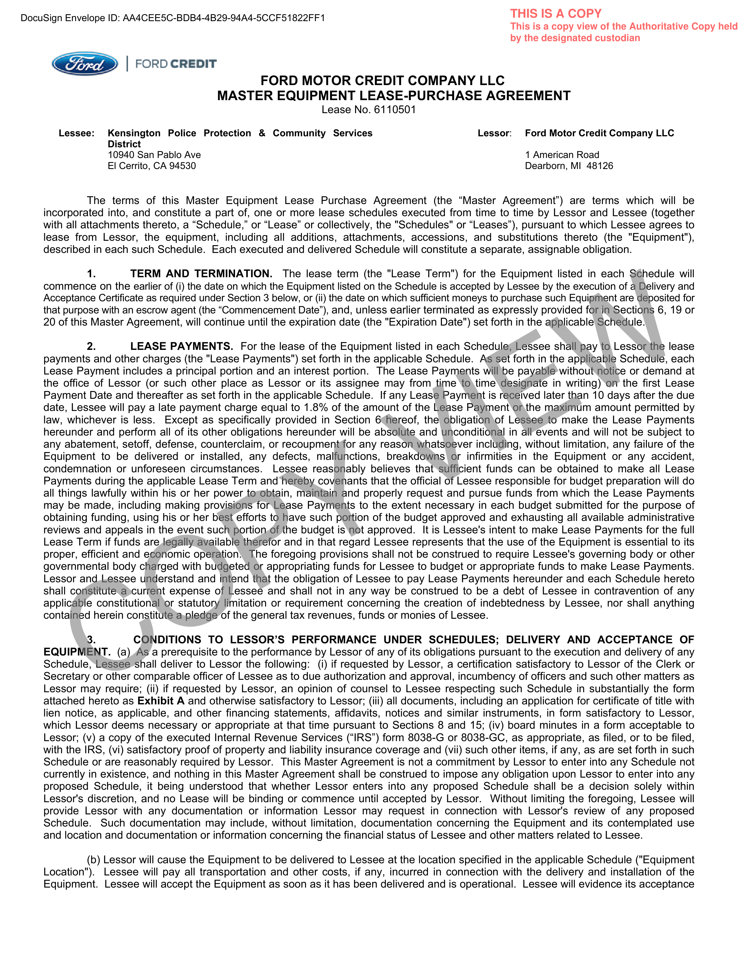 Ford Motor Company MASTER EQUIPMENT LEASE PURCHASE AGREEMENT — page 1