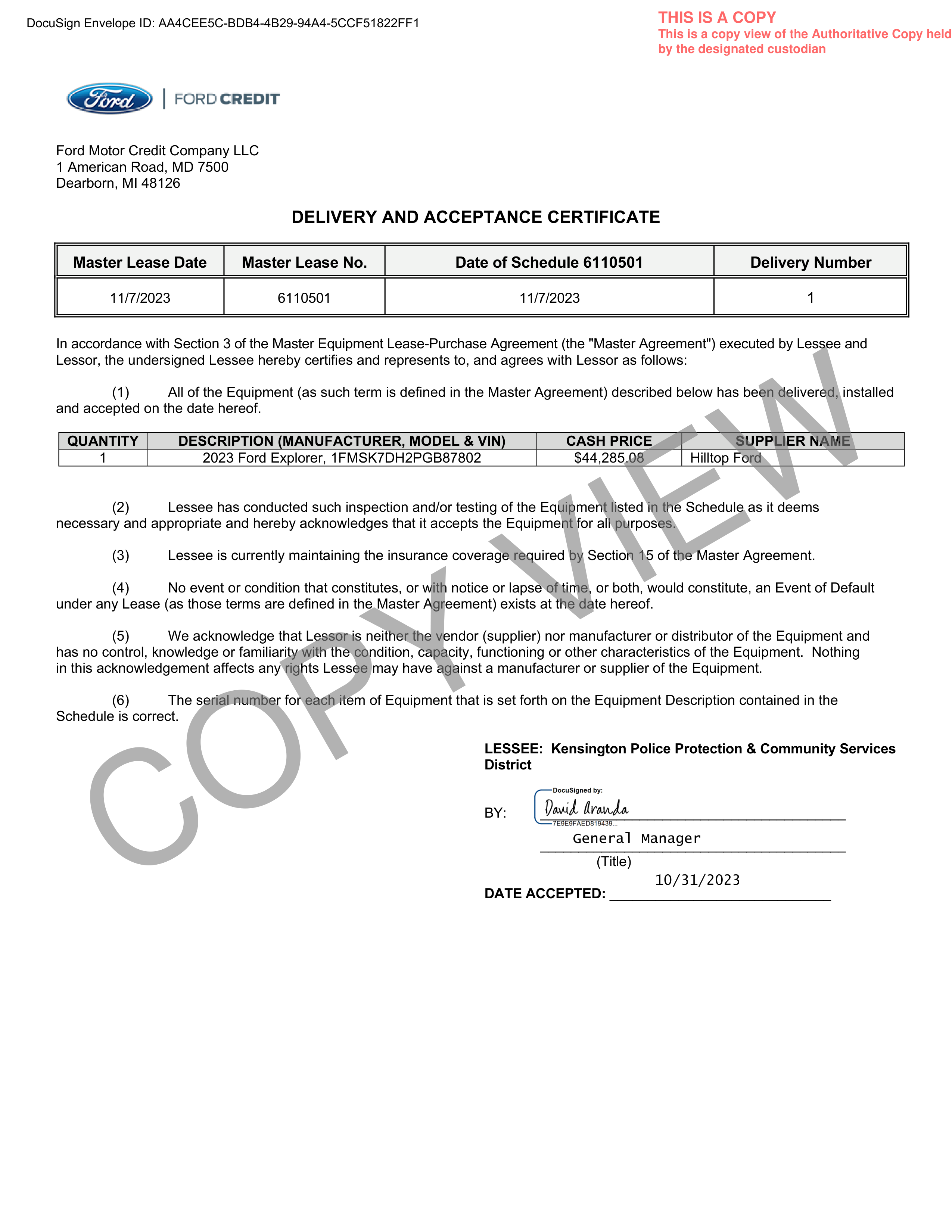Ford Motor Company MASTER EQUIPMENT LEASE PURCHASE AGREEMENT — page 11