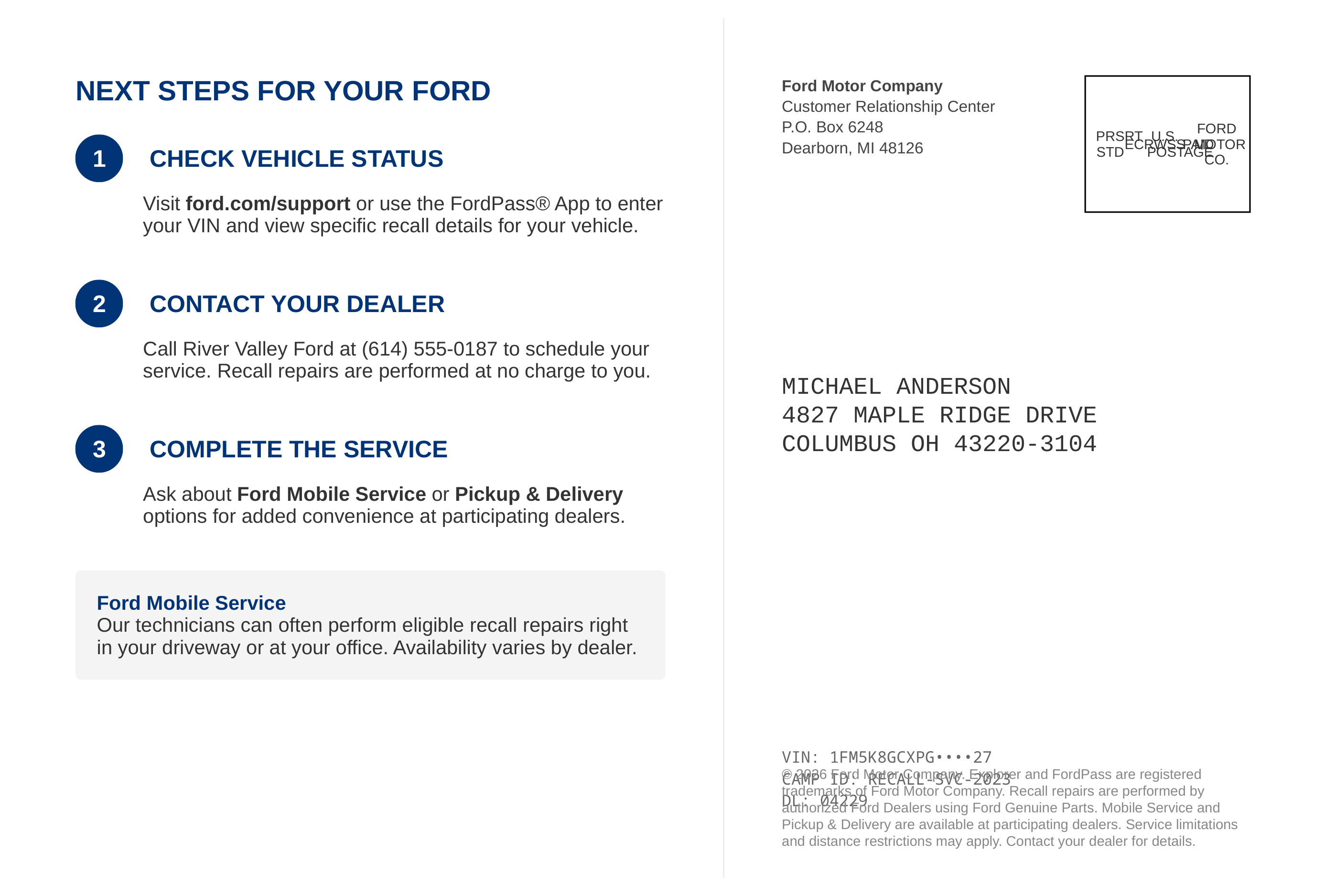 Ford Motor Company's Automated Vehicle Service & Maintenance Recall Reminder Postcard — page 2
