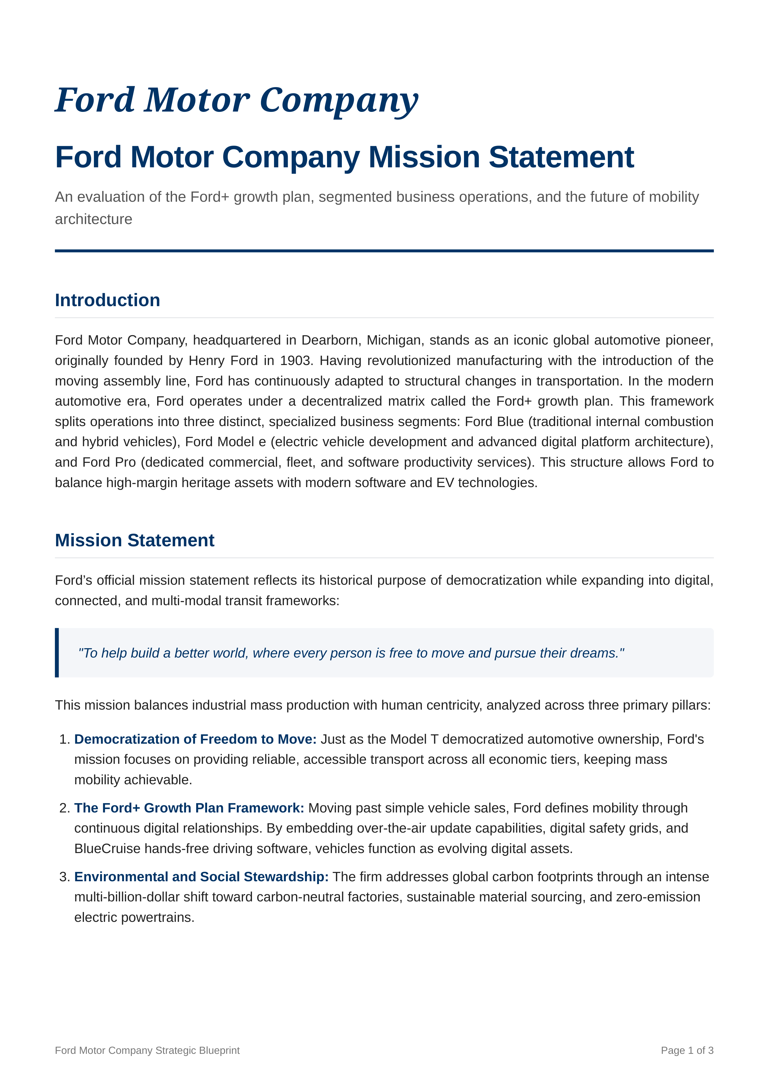 Ford Motors Mission Statement — page 1