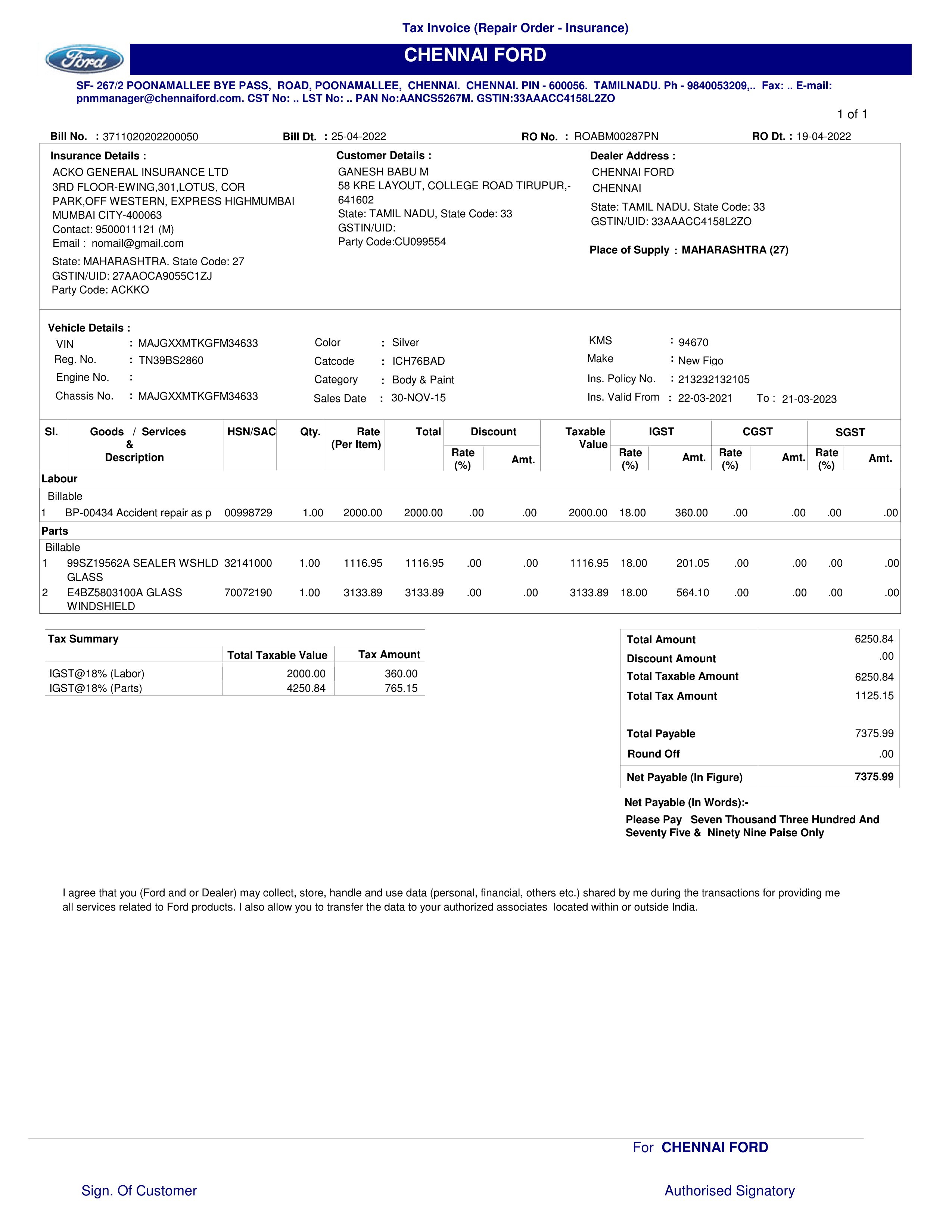 Ford Vehicle Repair Tax Invoice — page 1