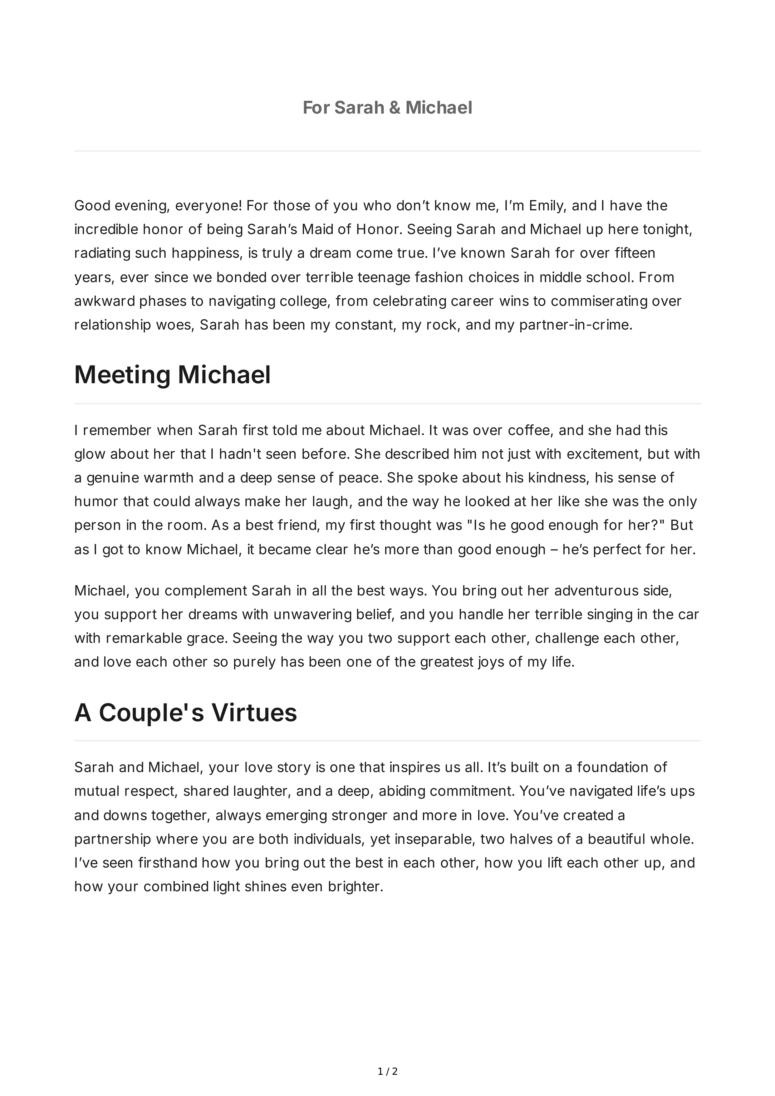 Formal Wedding Maid of Honor Speech — page 1