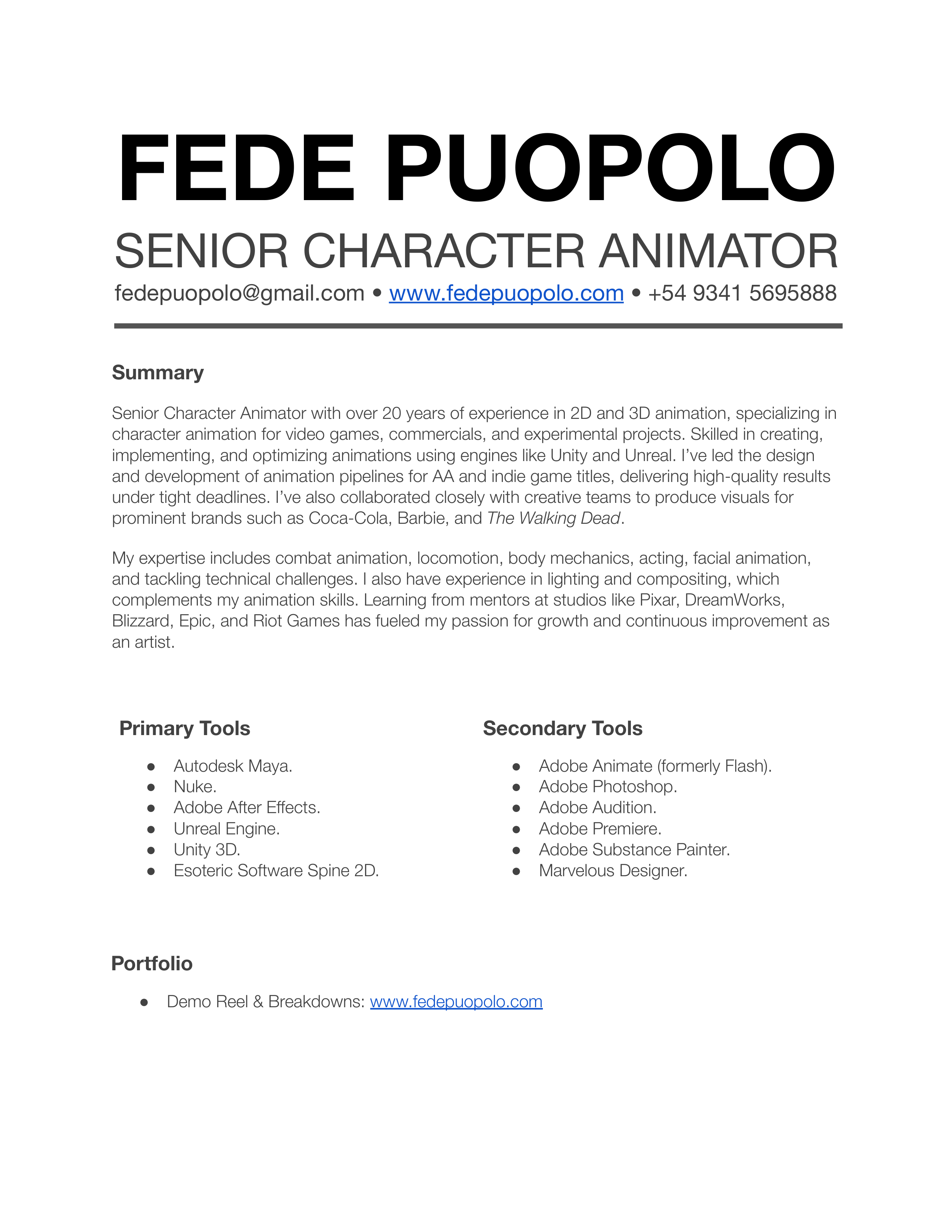 Fortis Games Animator Resume — page 1