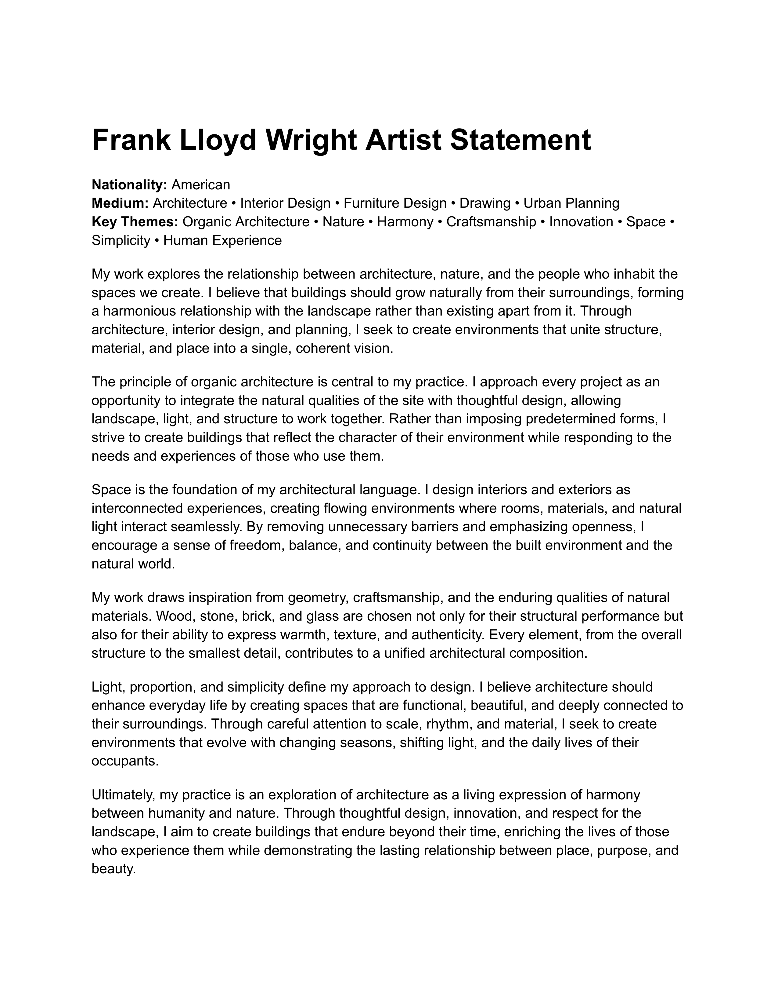 Frank Lloyd Wright Artist Statement — page 1