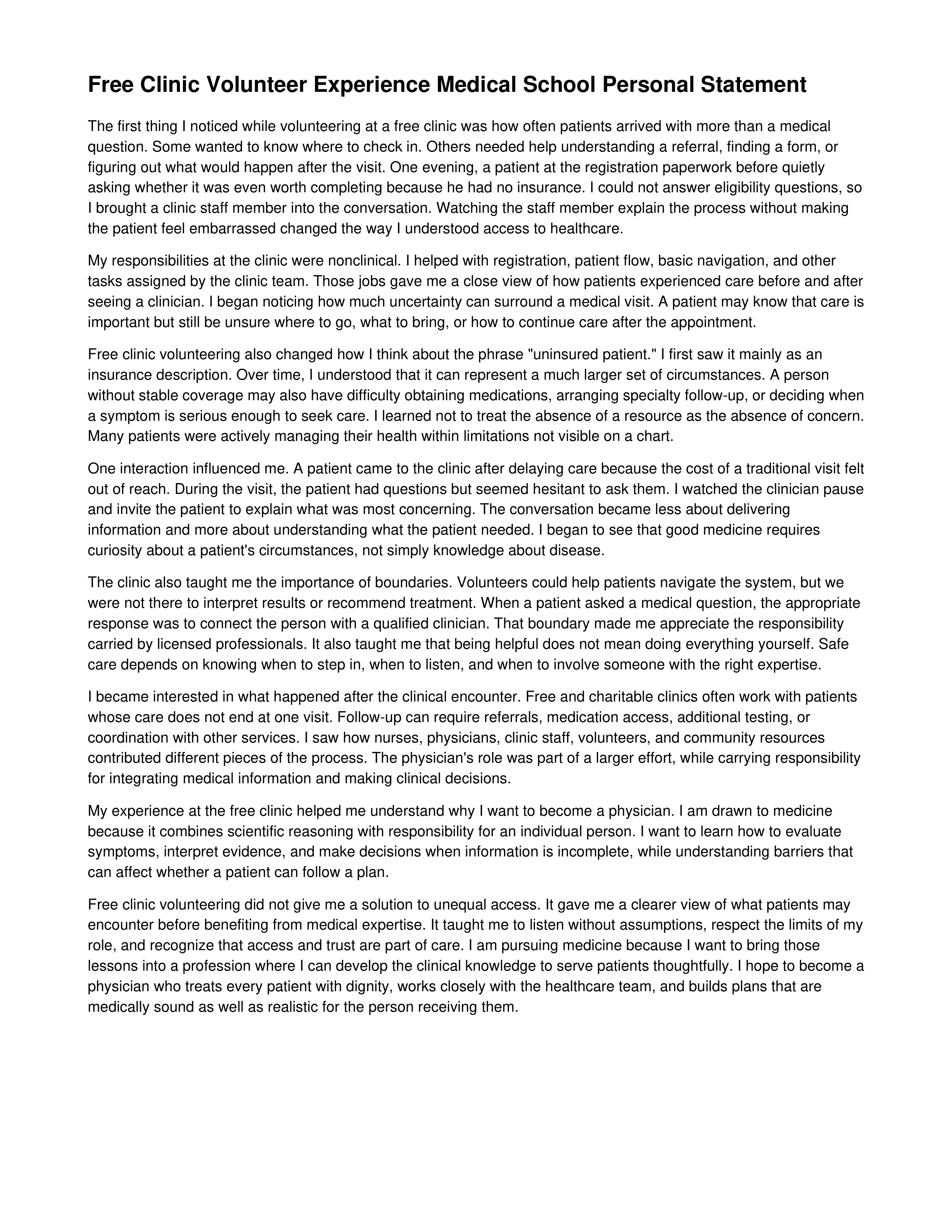 Free Clinic Volunteer Experience Medical School Personal Statement — page 1