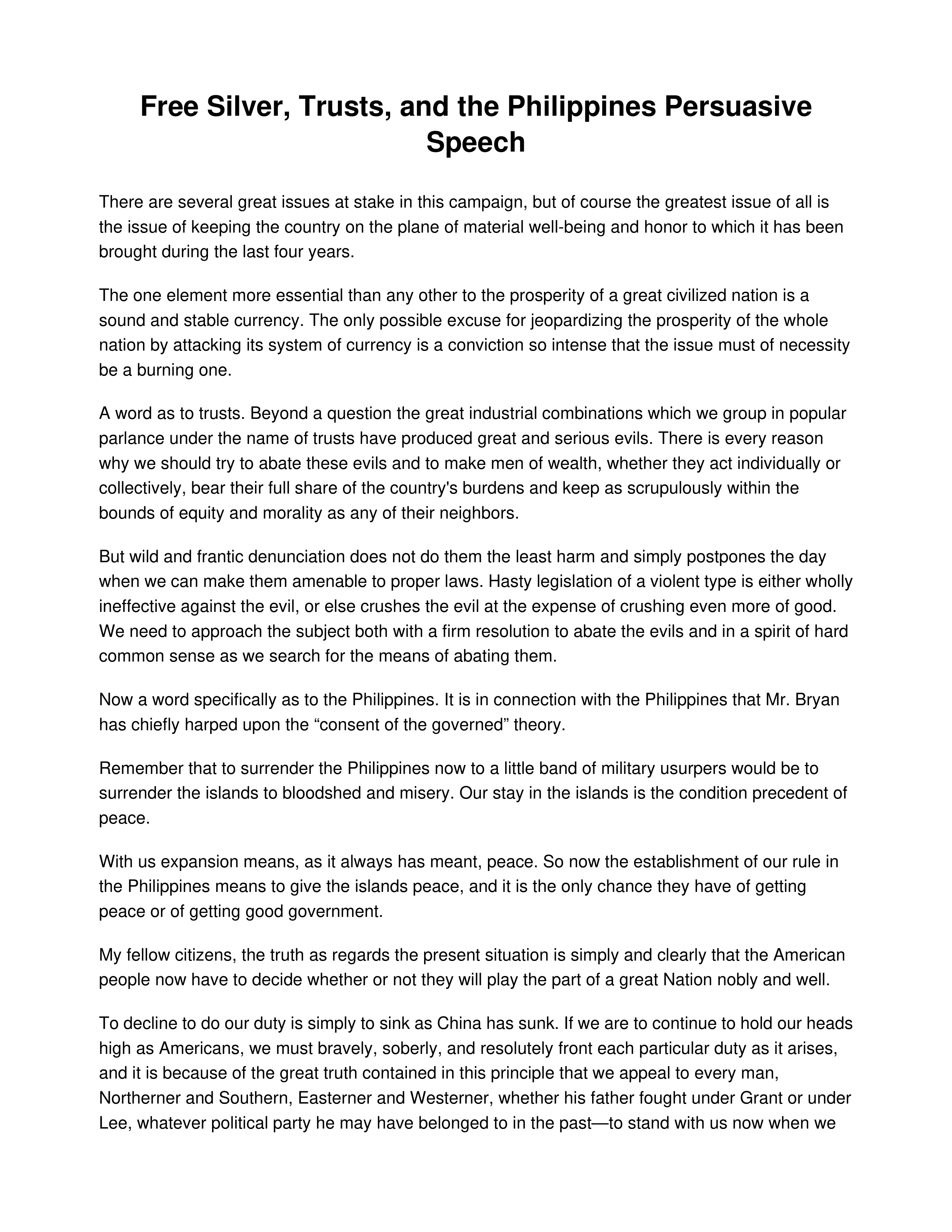Free Silver, Trusts, and the Philippines Persuasive Speech — page 1